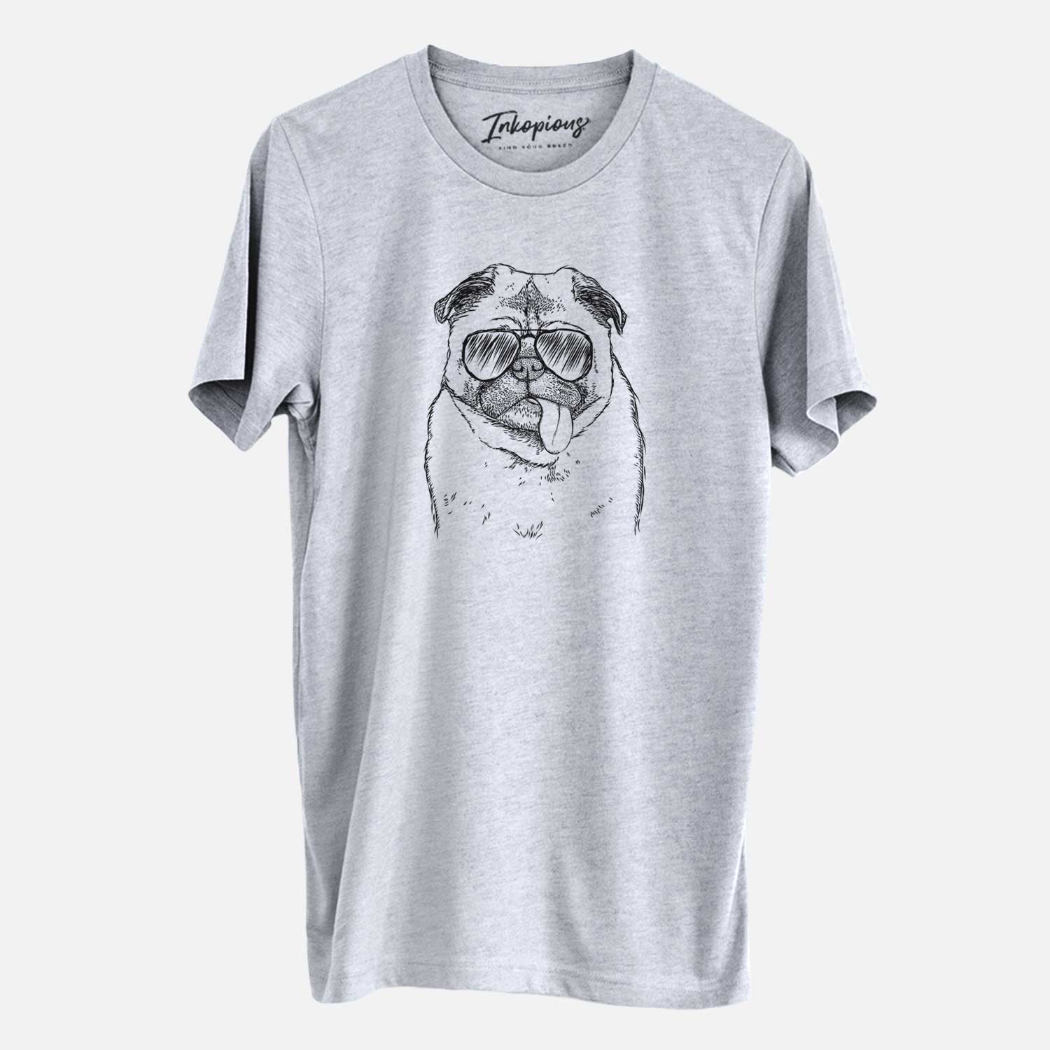 Hand-drawn sketch of Rosie the Pug wearing aviator sunglasses on a Grey Unisex crewneck