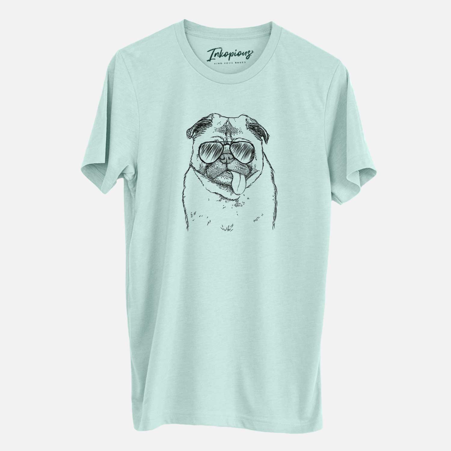 Hand-drawn sketch of Rosie the Pug wearing aviator sunglasses on a Heather Sage Unisex crewneck