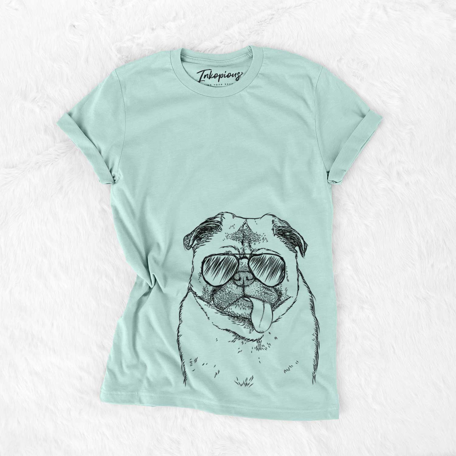 Hand-drawn sketch of Rosie the Pug wearing aviator sunglasses on a Heather Sage Unisex crewneck