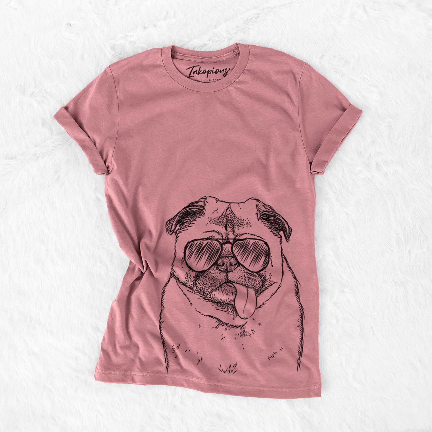 Hand-drawn sketch of Rosie the Pug wearing aviator sunglasses on a Mauve Bella Canvas Unisex Crewneck