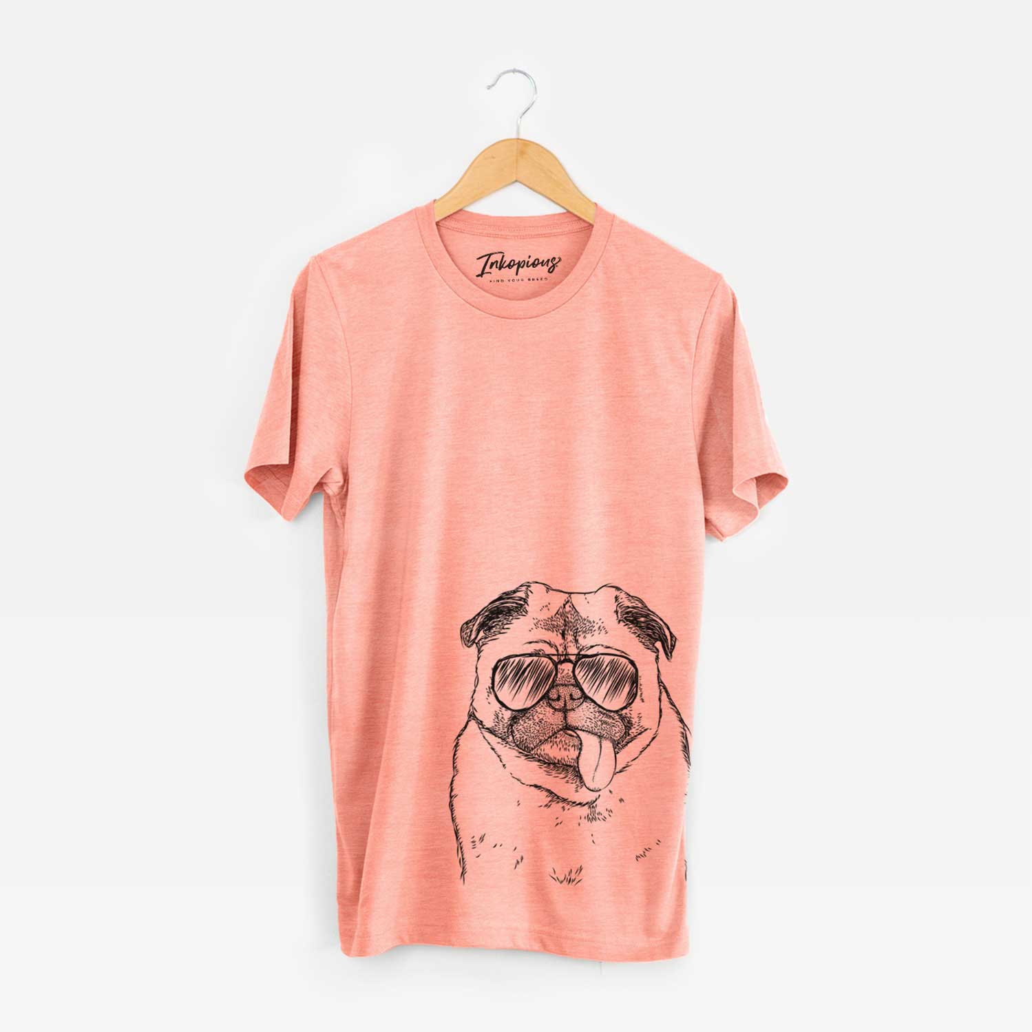 Hand-drawn sketch of Rosie the Pug wearing aviator sunglasses on a Sunset Unisex crewneck