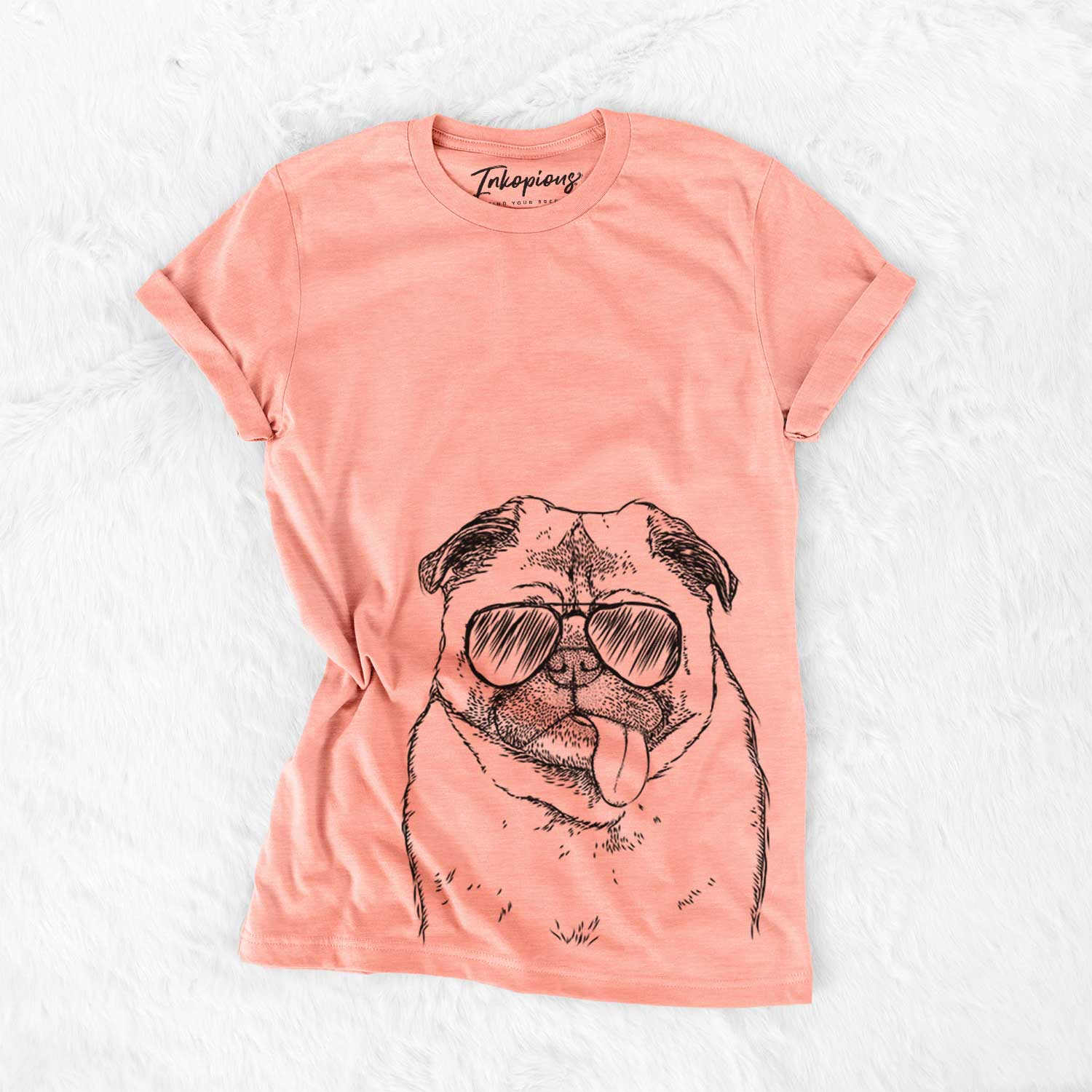 Hand-drawn sketch of Rosie the Pug wearing aviator sunglasses on a Sunset Bella Canvas Unisex Crewneck