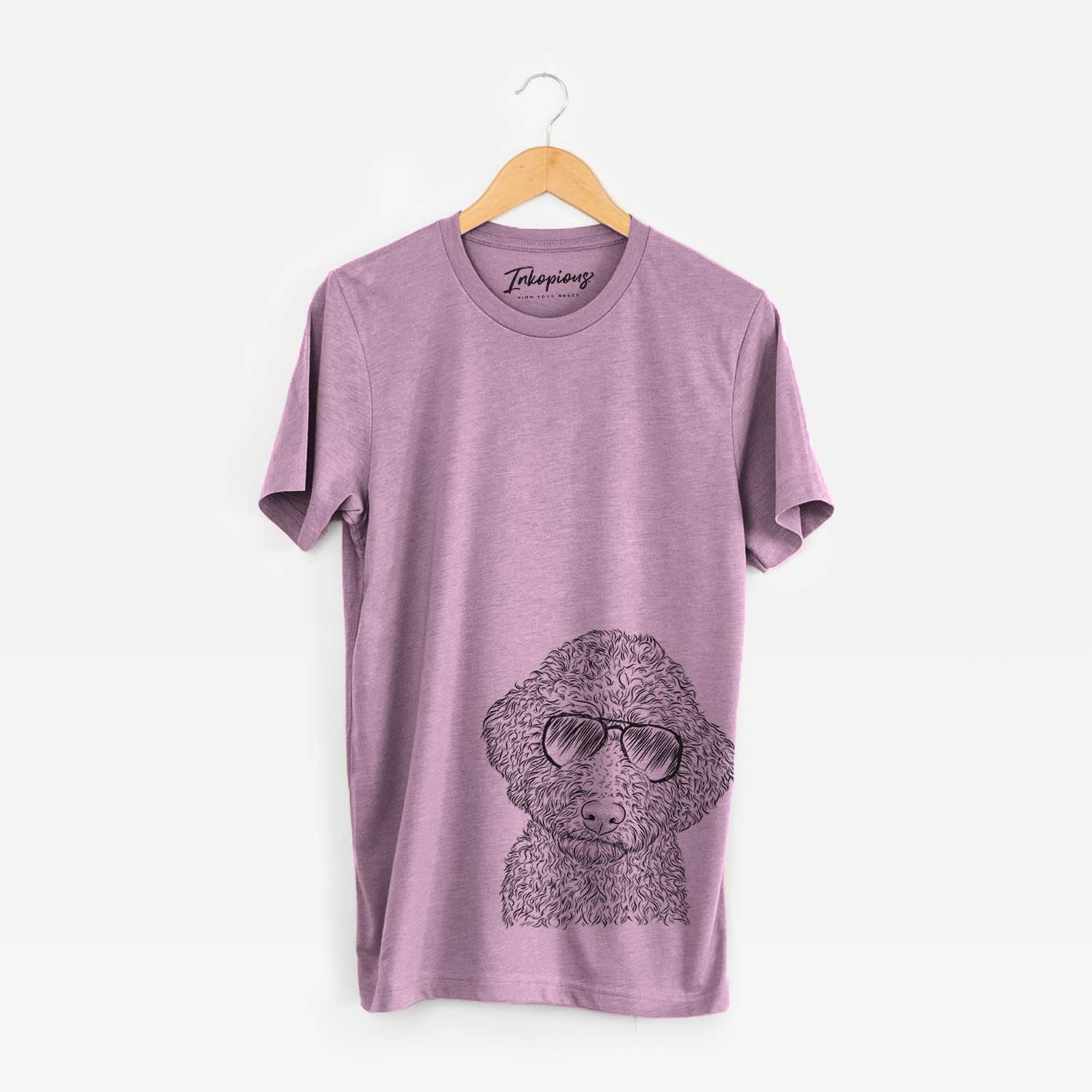 Hand-drawn sketch of Ross the Lagotto Romagnolo wearing aviator sunglasses on an Orchid Bella Canvas Unisex Crewneck