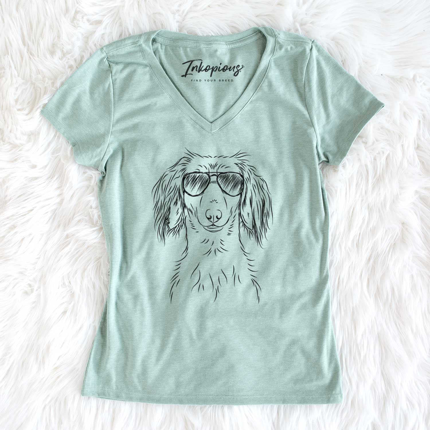 Aviator Roux the Long Haired Dachshund - Women's V-neck Shirt