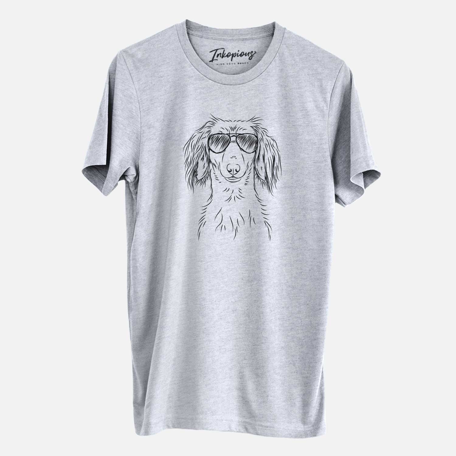 Hand-drawn sketch of Roux the Long Haired Dachshund wearing aviator sunglasses on a Grey Unisex crewneck