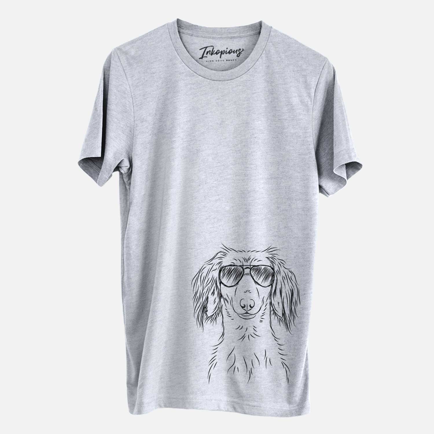 Hand-drawn sketch of Roux the Long Haired Dachshund wearing aviator sunglasses on a Grey Unisex crewneck