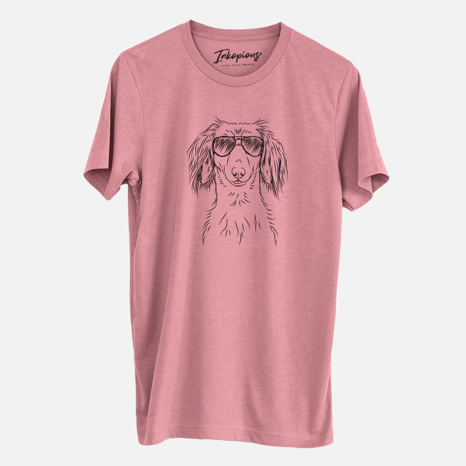 Hand-drawn sketch of Roux the Long Haired Dachshund wearing aviator sunglasses on a Mauve Unisex crewneck