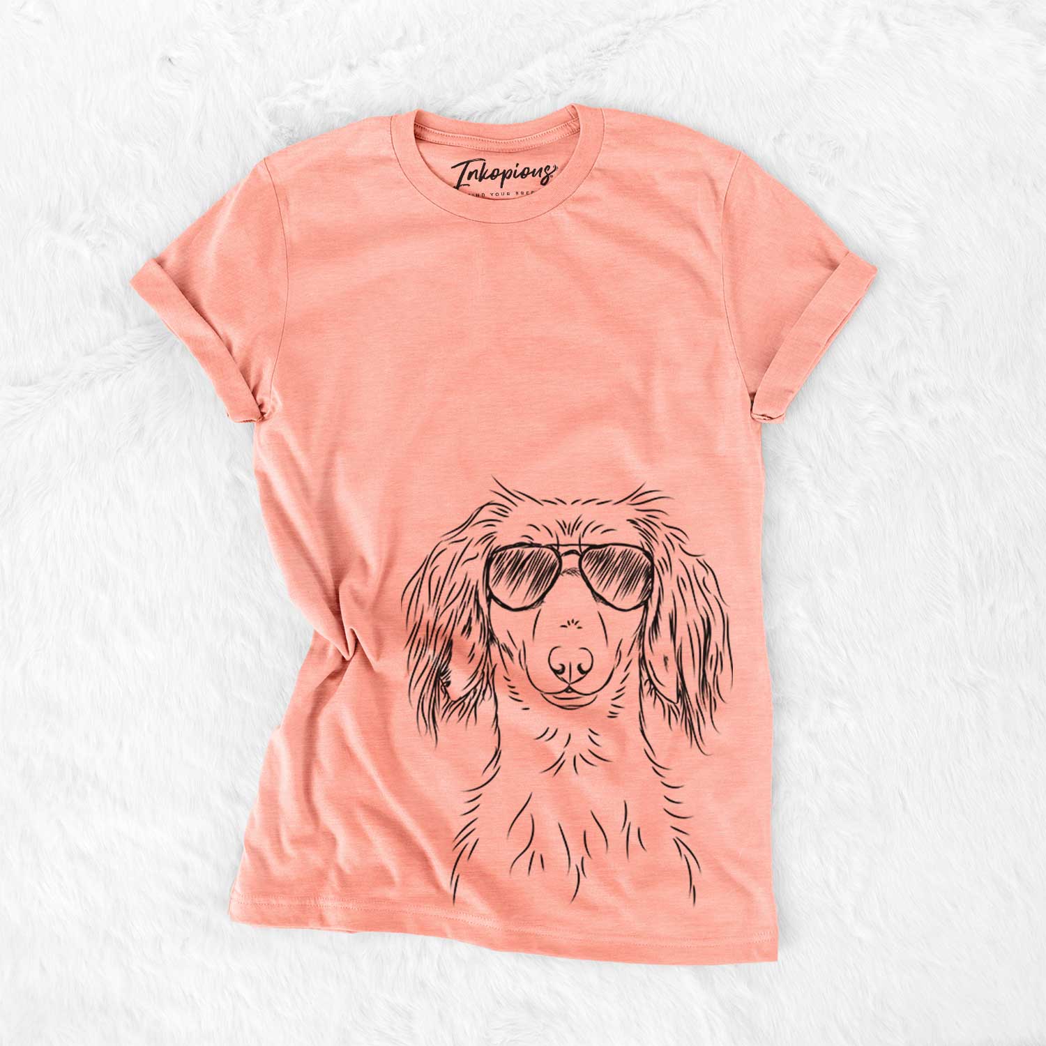 Hand-drawn sketch of Roux the Long Haired Dachshund wearing aviator sunglasses on a Sunset Bella Canvas Unisex Crewneck