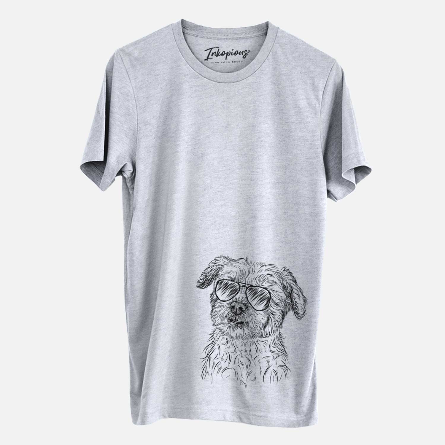 Hand-drawn sketch of Roxie the Schnauzer Shih Tzu Mix wearing aviator sunglasses on a Grey Unisex crewneck