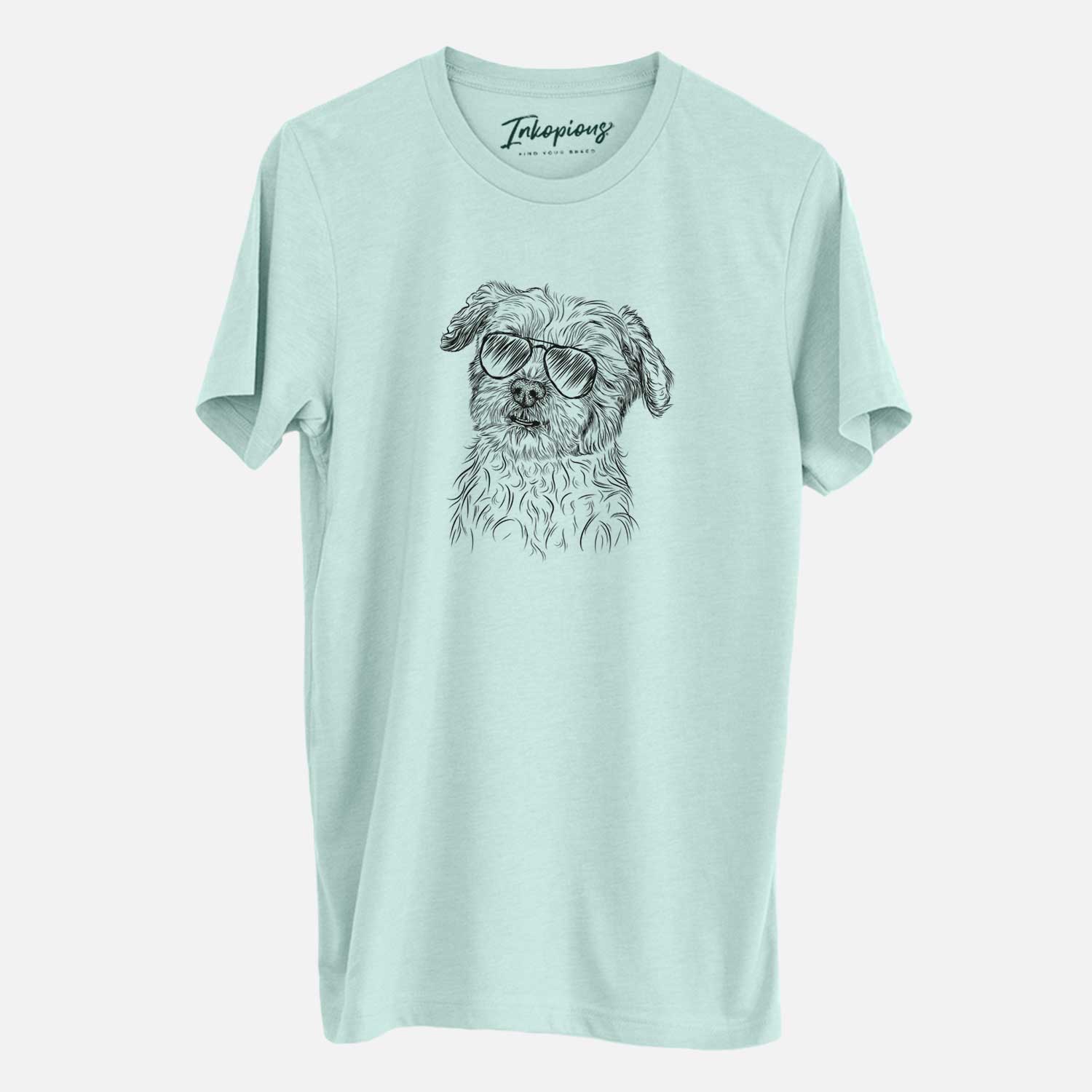 Hand-drawn sketch of Roxie the Schnauzer Shih Tzu Mix wearing aviator sunglasses on a Heather Sage Unisex crewneck