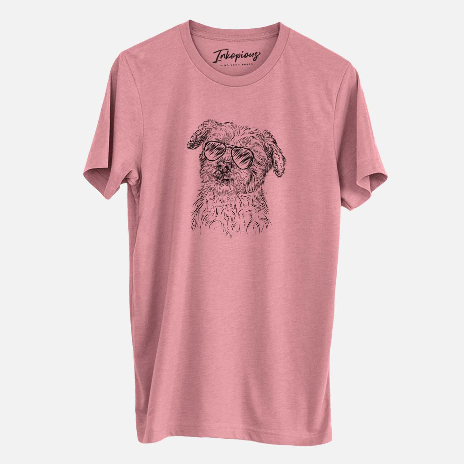 Hand-drawn sketch of Roxie the Schnauzer Shih Tzu Mix wearing aviator sunglasses on a Mauve Unisex crewneck