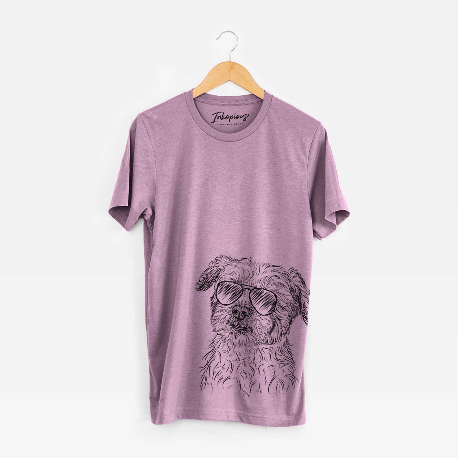 Hand-drawn sketch of Roxie the Schnauzer Shih Tzu Mix wearing aviator sunglasses on an Orchid Bella Canvas Unisex Crewneck