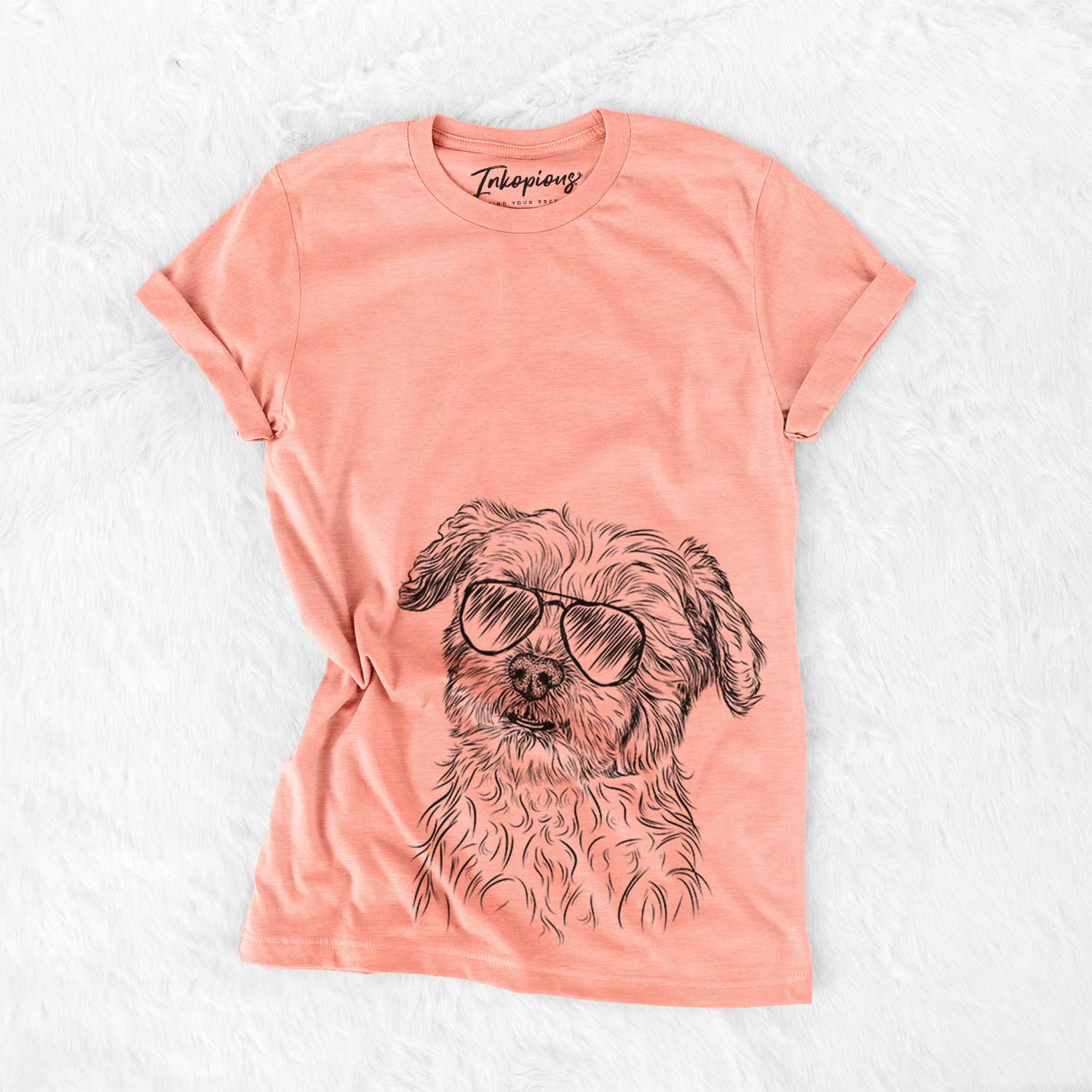 Hand-drawn sketch of Roxie the Schnauzer Shih Tzu Mix wearing aviator sunglasses on a Sunset Bella Canvas Unisex Crewneck