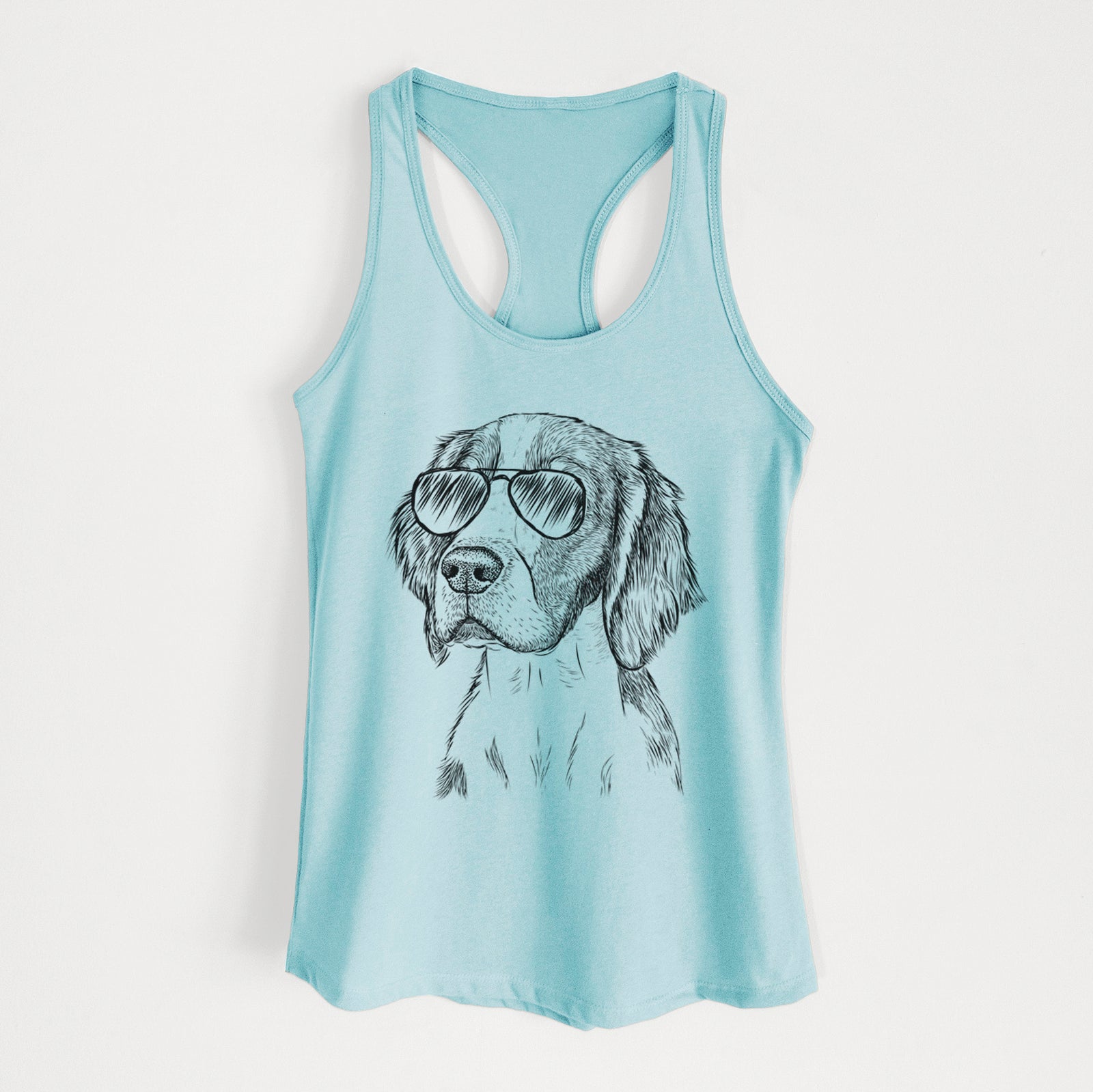 Hand-drawn sketch of Roxy the Welsh Springer Spaniel wearing aviator sunglasses on a Cancun Blue Women's racerback tanktop
