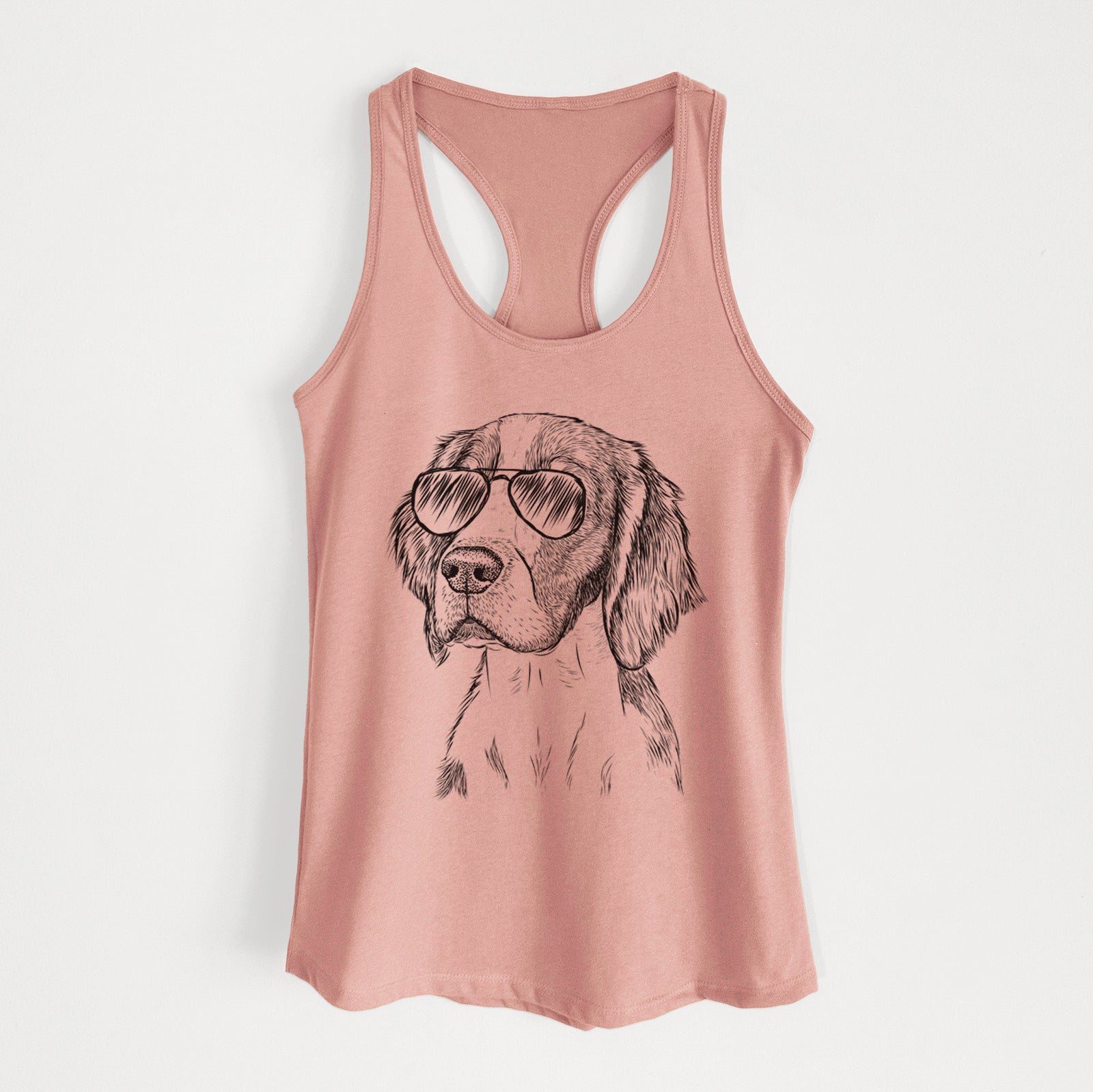 Hand-drawn sketch of Roxy the Welsh Springer Spaniel wearing aviator sunglasses on a Desert Pink Women's racerback tanktop