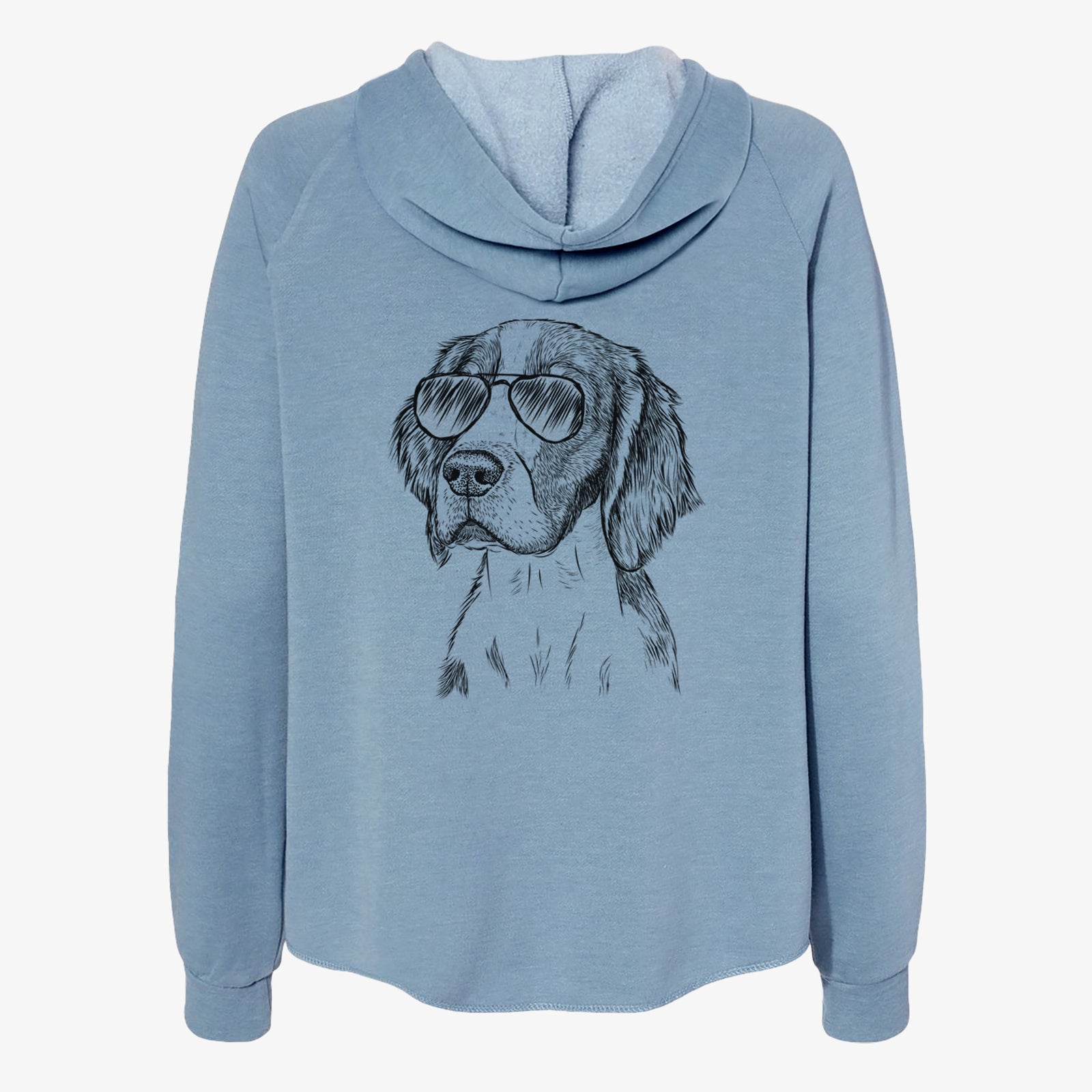 Hand-drawn sketch of Roxy the Welsh Springer Spaniel wearing aviator sunglasses on a Misty Blue Women's cali wave zip-up sweatshirt