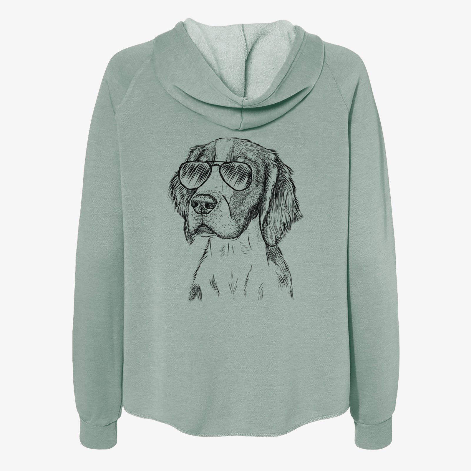 Hand-drawn sketch of Roxy the Welsh Springer Spaniel wearing aviator sunglasses on a Sage Women's cali wave zip-up sweatshirt