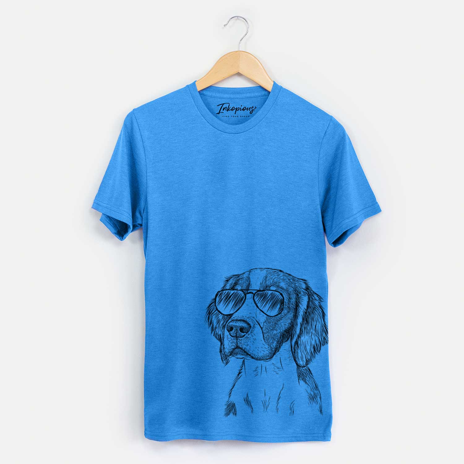 Hand-drawn sketch of Roxy the Welsh Springer Spaniel wearing aviator sunglasses on a Blue Unisex crewneck