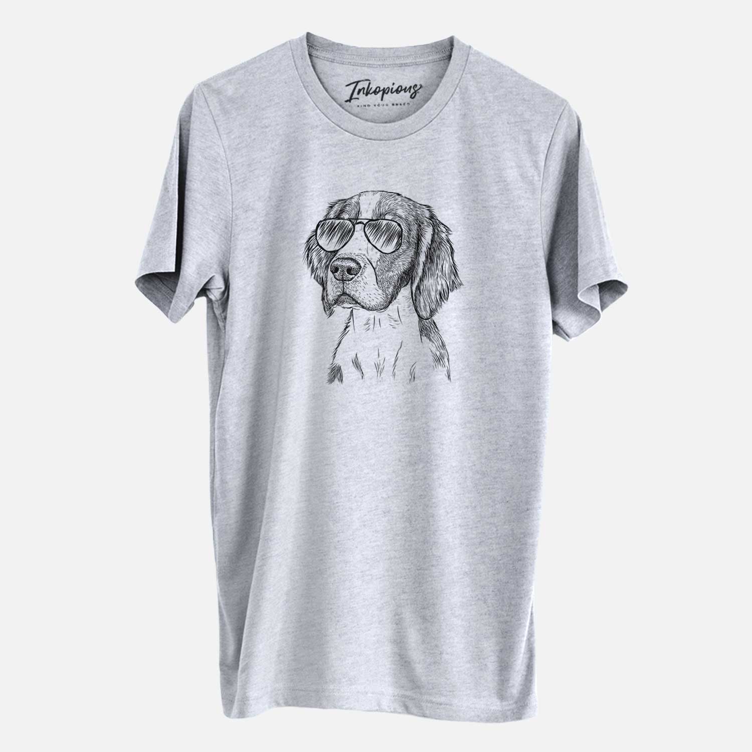 Hand-drawn sketch of Roxy the Welsh Springer Spaniel wearing aviator sunglasses on a Grey Unisex crewneck