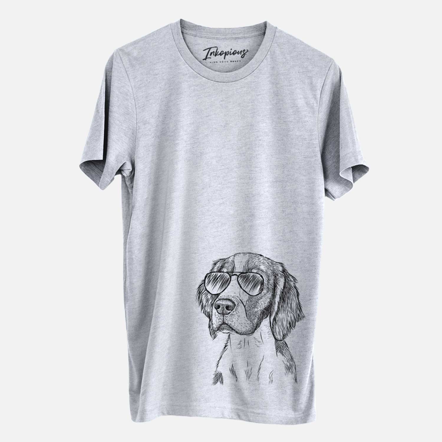 Hand-drawn sketch of Roxy the Welsh Springer Spaniel wearing aviator sunglasses on a Grey Unisex crewneck