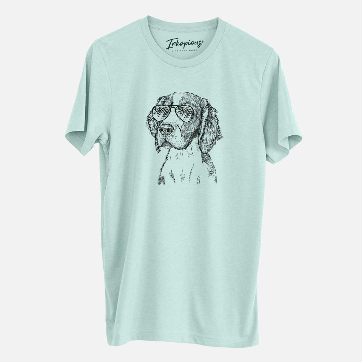 Hand-drawn sketch of Roxy the Welsh Springer Spaniel wearing aviator sunglasses on a Heather Sage Unisex crewneck