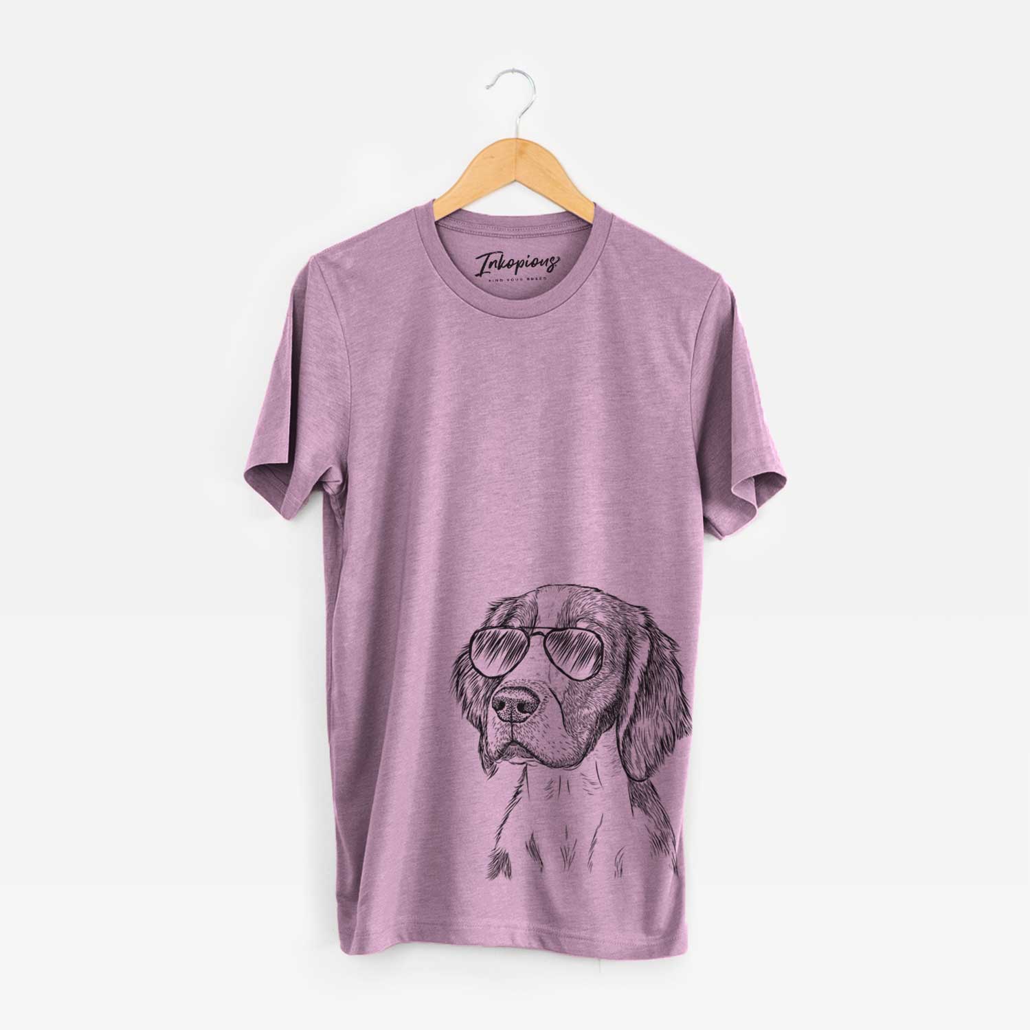 Hand-drawn sketch of Roxy the Welsh Springer Spaniel wearing aviator sunglasses on an Orchid Unisex crewneck