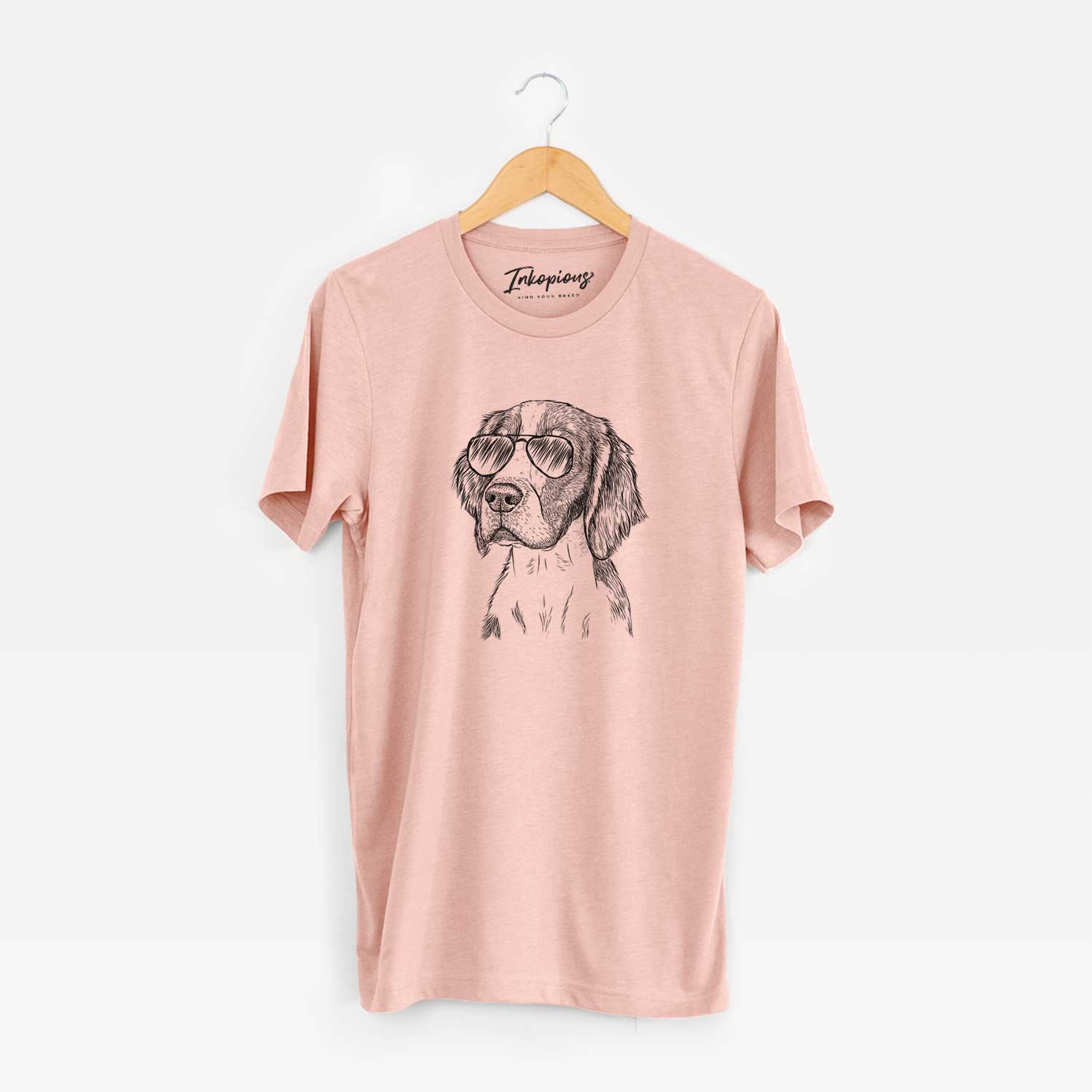 Hand-drawn sketch of Roxy the Welsh Springer Spaniel wearing aviator sunglasses on a Peach Unisex crewneck