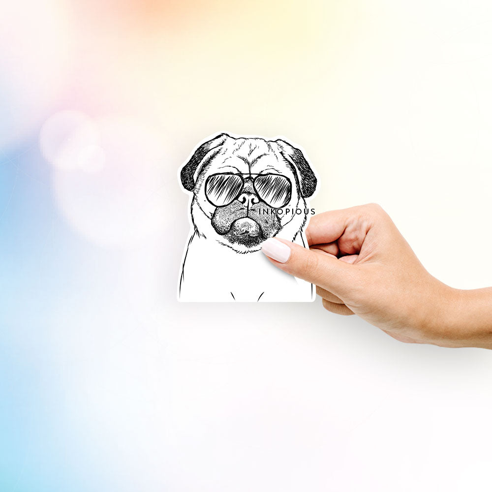 Hand-drawn sketch of Ruby the Pug wearing aviator sunglasses on a decal sticker