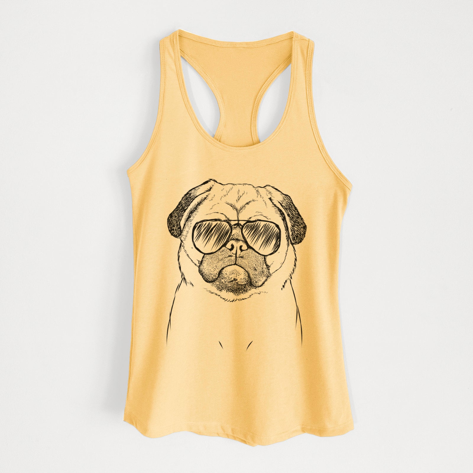 Hand-drawn sketch of Ruby the Pug wearing aviator sunglasses on a Banana Cream Women's racerback tanktop
