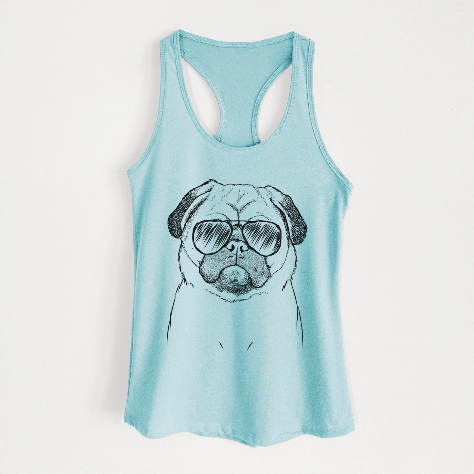 Hand-drawn sketch of Ruby the Pug wearing aviator sunglasses on a Cancun Blue Women's racerback tanktop