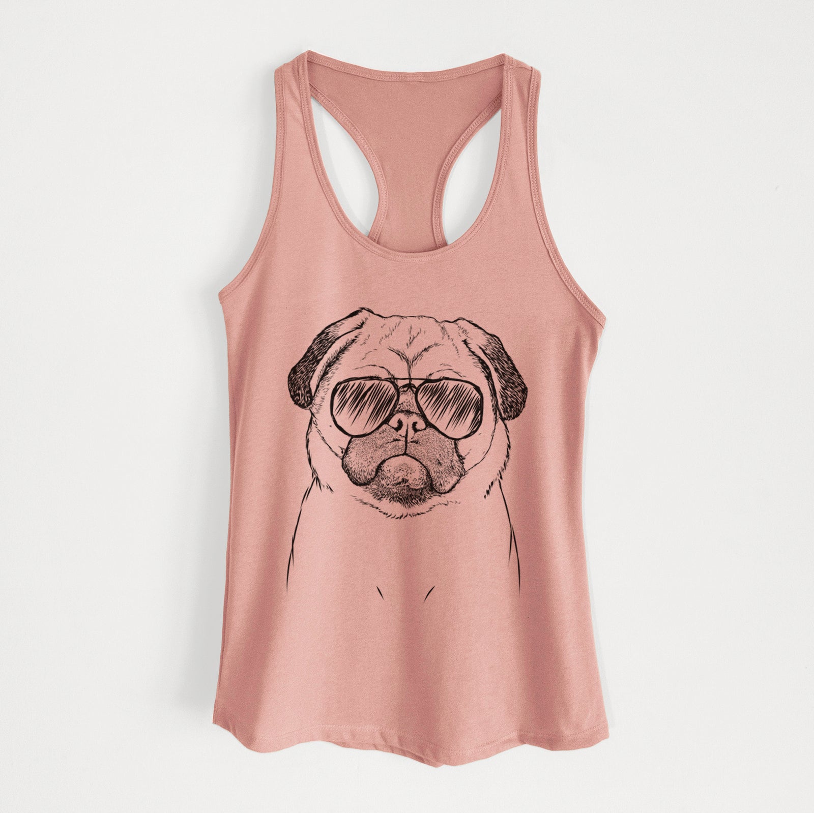 Hand-drawn sketch of Ruby the Pug wearing aviator sunglasses on a Desert Pink Women's racerback tanktop