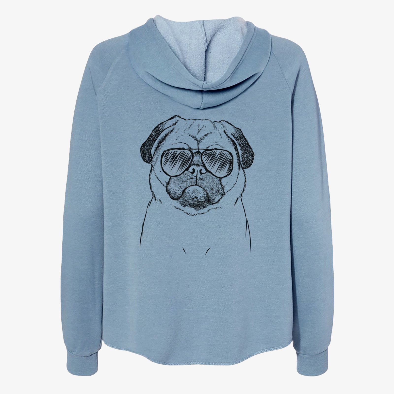 Hand-drawn sketch of Ruby the Pug wearing aviator sunglasses on a Misty Blue Women's cali wave zip-up sweatshirt