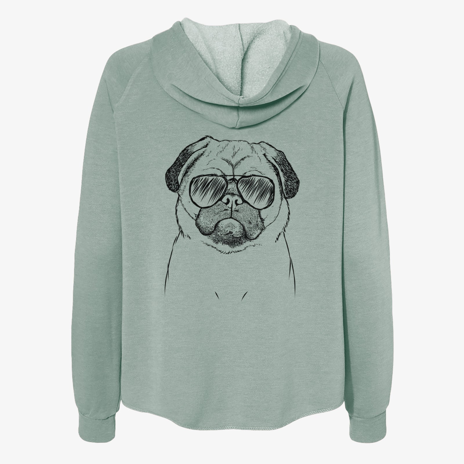 Hand-drawn sketch of Ruby the Pug wearing aviator sunglasses on a Sage Women's cali wave zip-up sweatshirt