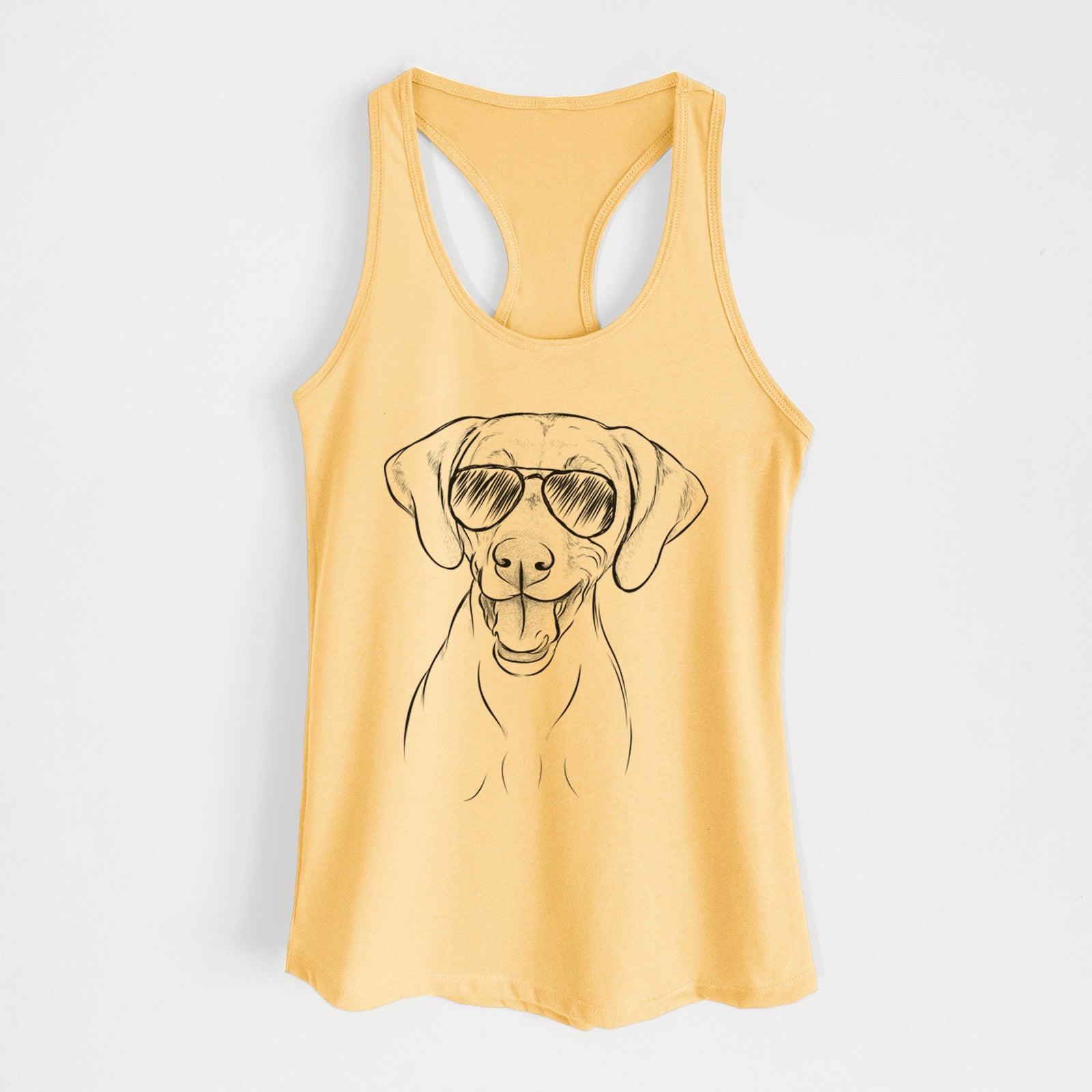 Hand-drawn sketch of Ruby the Vizsla wearing aviator sunglasses on a Banana Cream Women's racerback tanktop