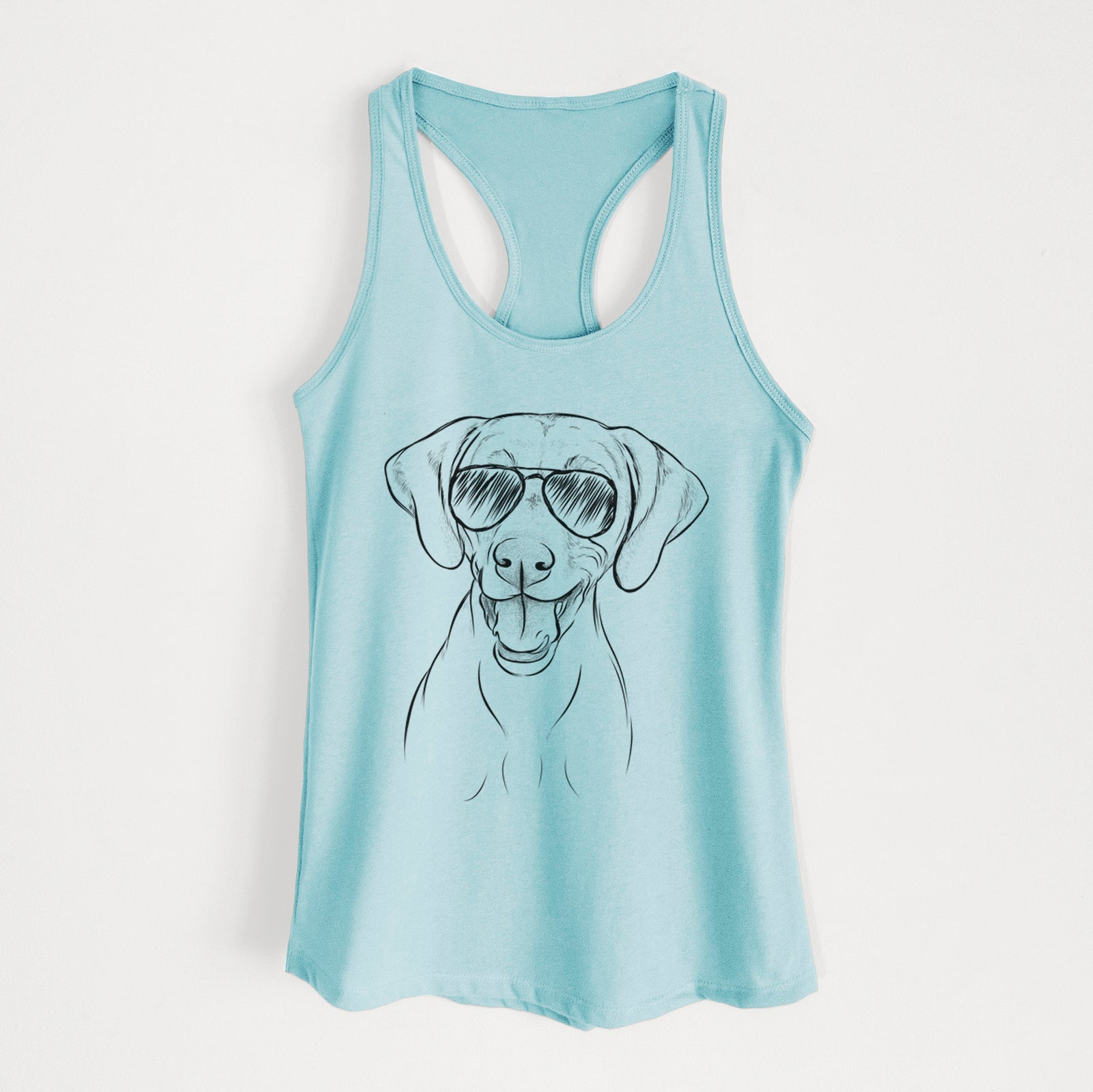 Hand-drawn sketch of Ruby the Vizsla wearing aviator sunglasses on a Cancun Blue Women's racerback tanktop