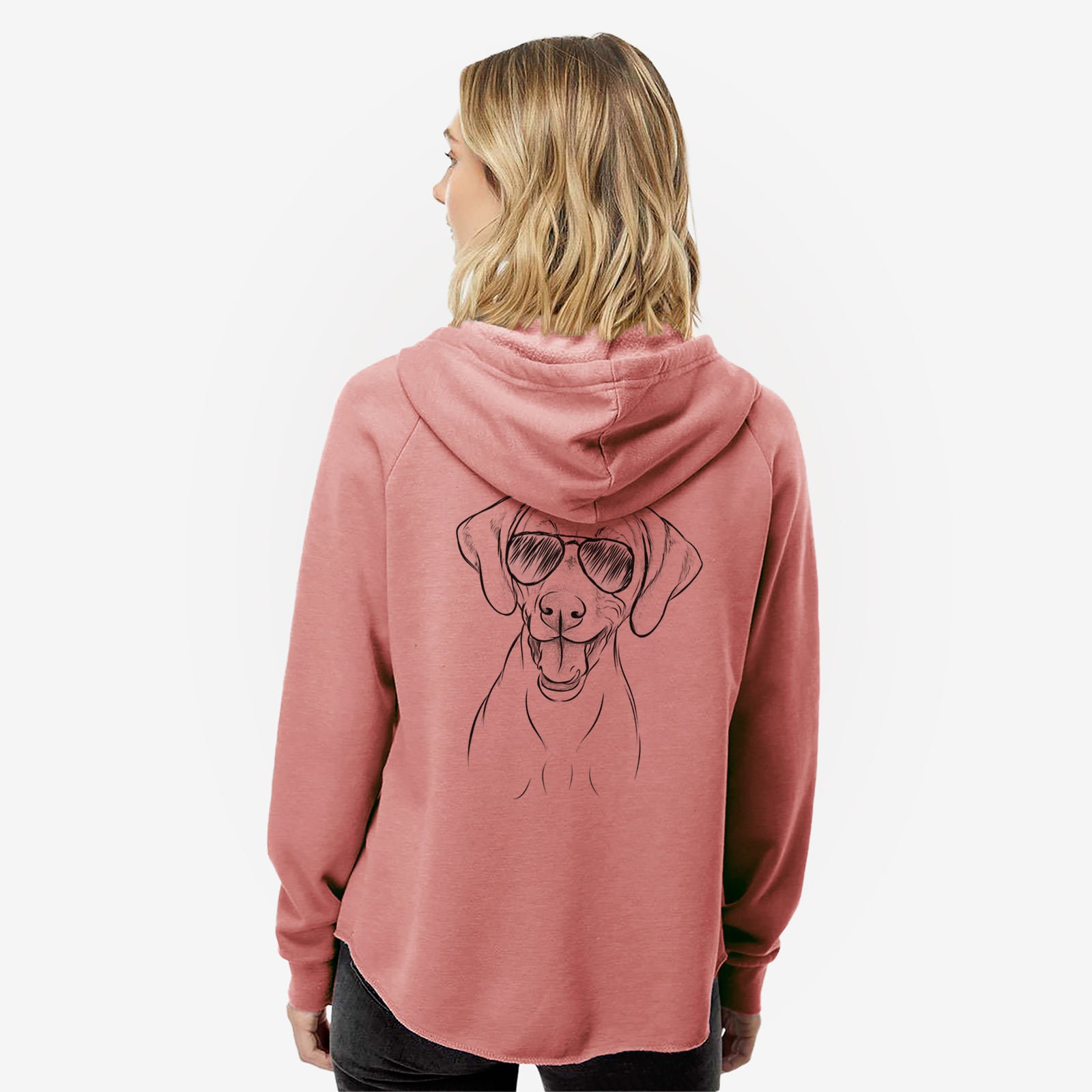Hand-drawn sketch of Ruby the Vizsla wearing aviator sunglasses on a Dusty Rose Women's cali wave zip-up sweatshirt