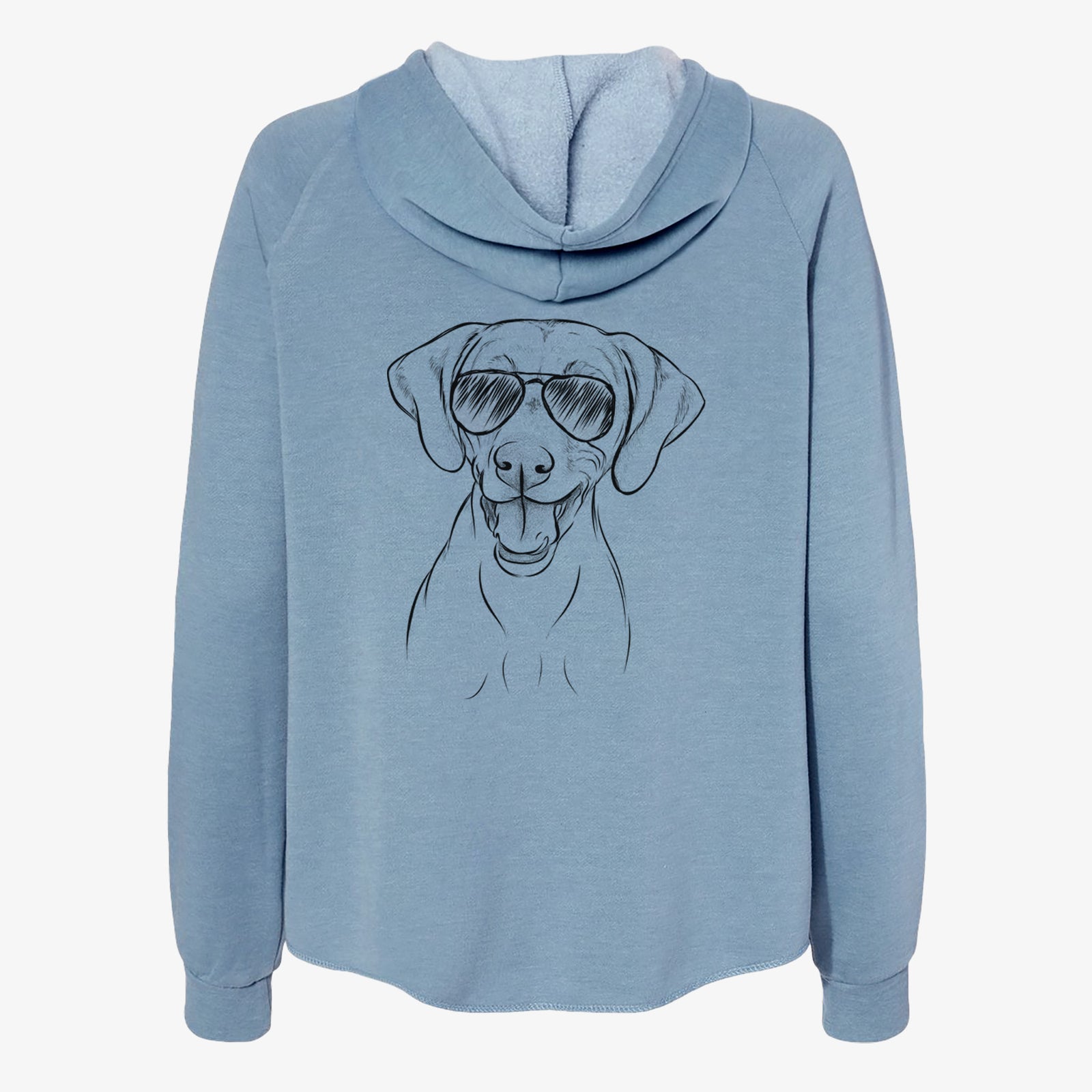 Hand-drawn sketch of Ruby the Vizsla wearing aviator sunglasses on a Misty Blue Women's cali wave zip-up sweatshirt