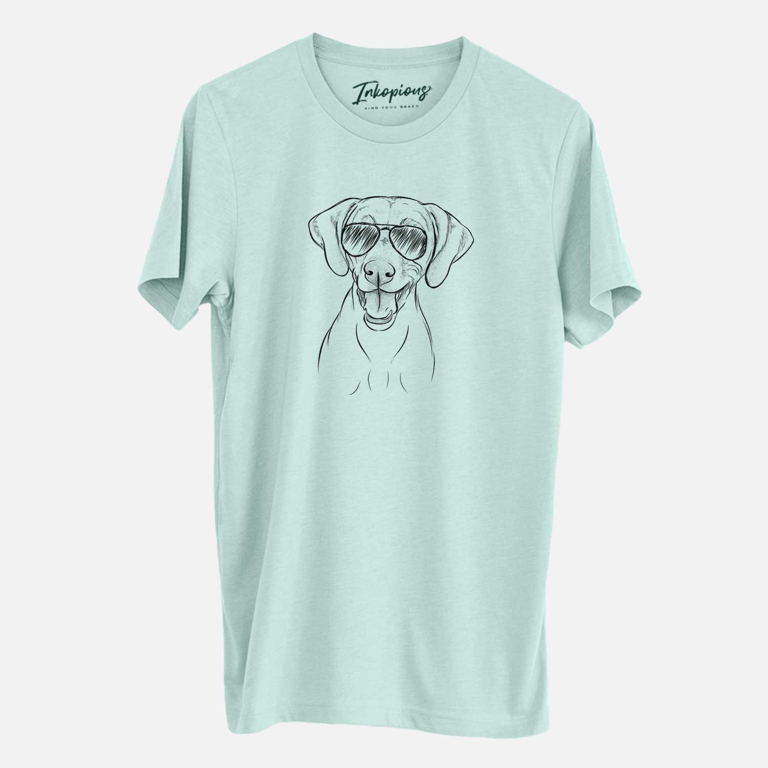 Hand-drawn sketch of Ruby the Vizsla wearing aviator sunglasses on a Heather Sage Unisex crewneck