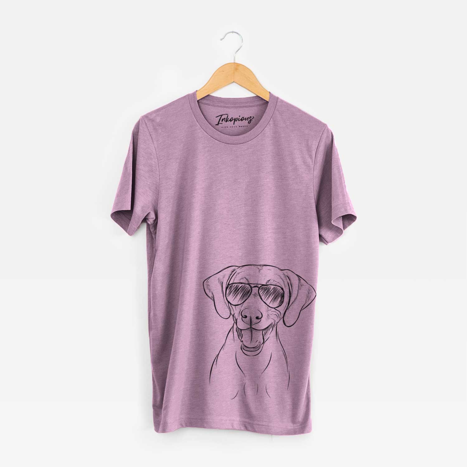 Hand-drawn sketch of Ruby the Vizsla wearing aviator sunglasses on an Orchid Unisex crewneck