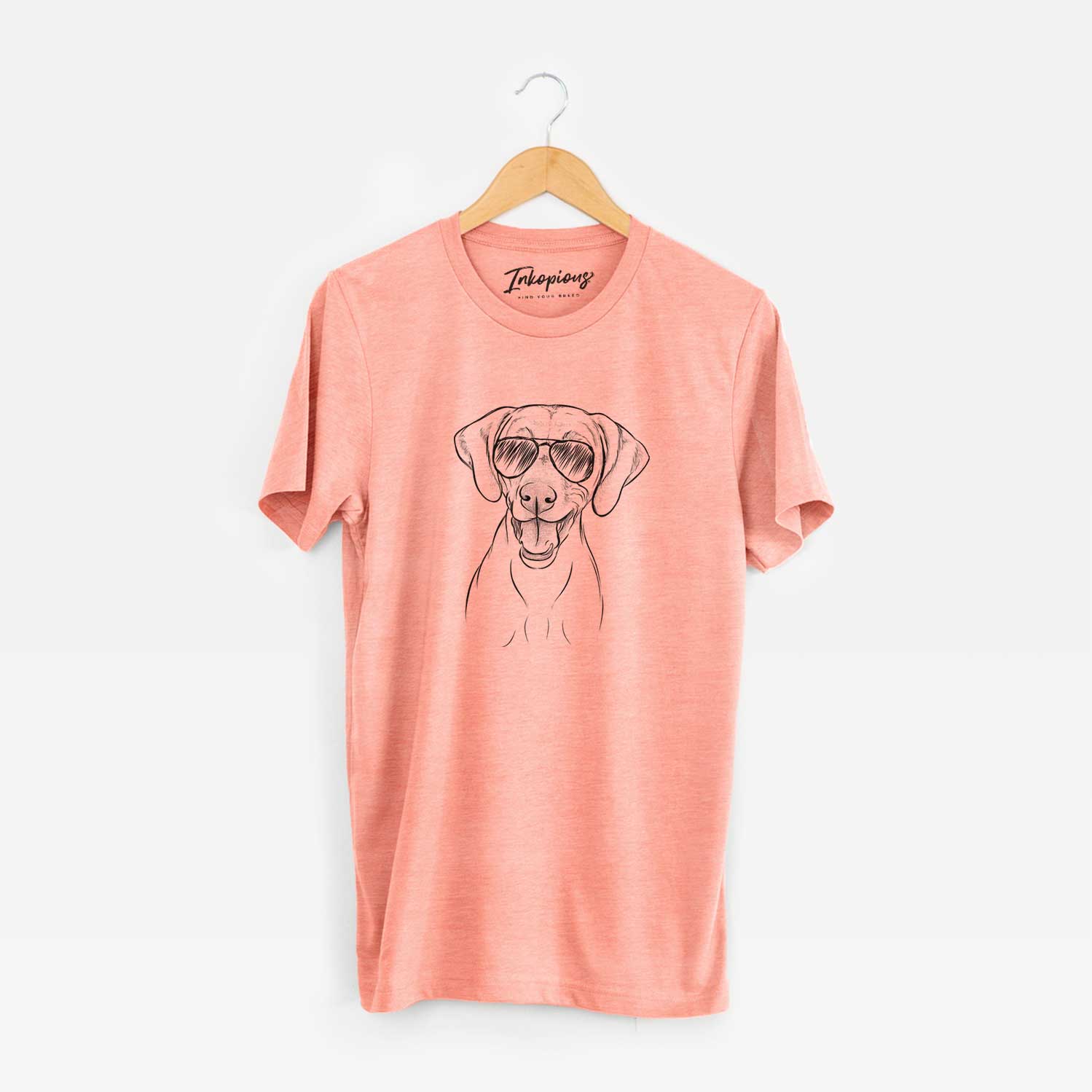 Hand-drawn sketch of Ruby the Vizsla wearing aviator sunglasses on a Sunset Unisex crewneck