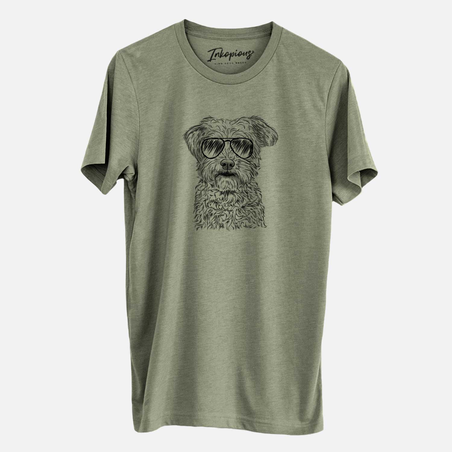 Hand-drawn sketch of Rudy the Schnoodle wearing aviator sunglasses on an Olive Unisex crewneck