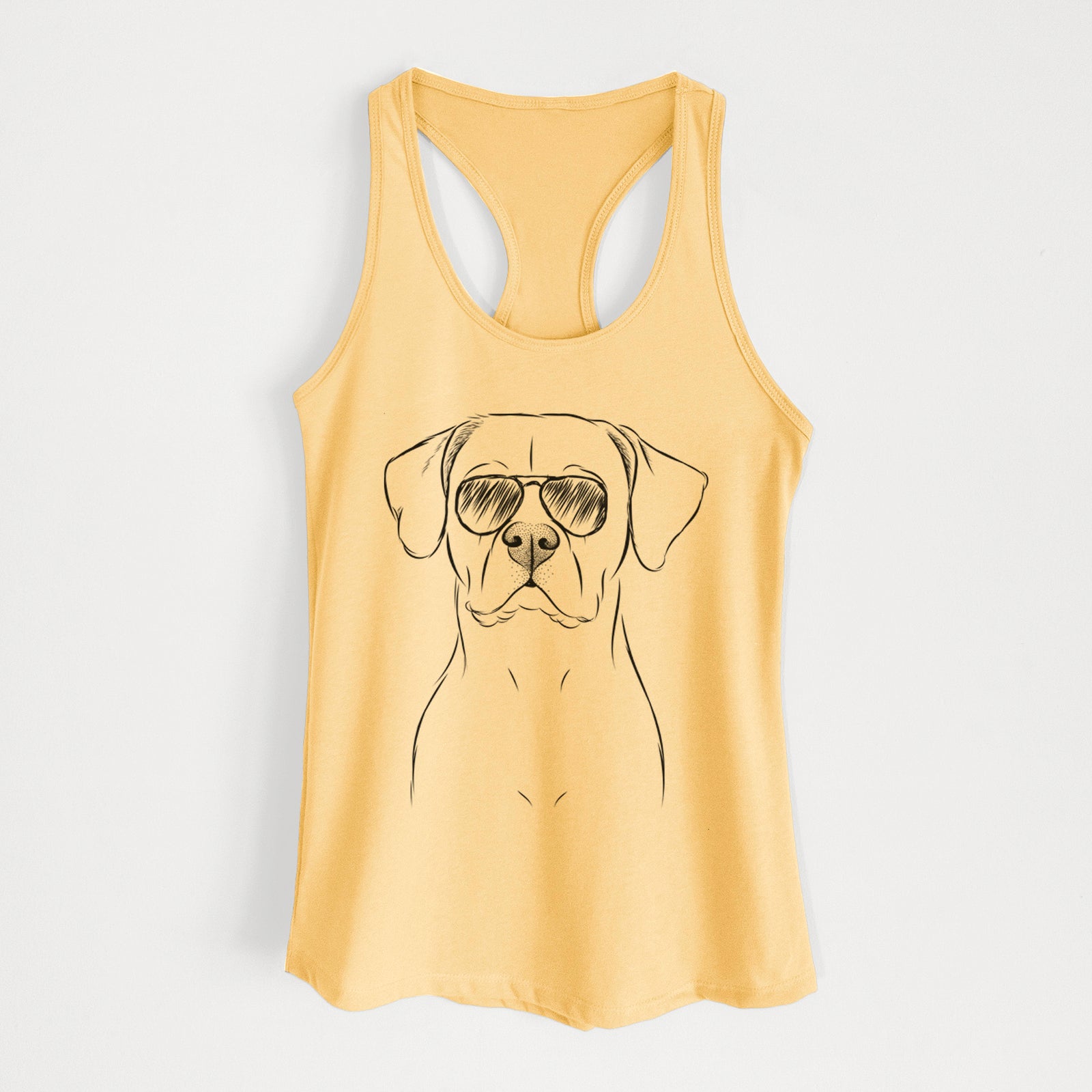 Hand-drawn sketch of Rufio the Dogo Argentino wearing aviator sunglasses on a Banana Cream Women's racerback tanktop