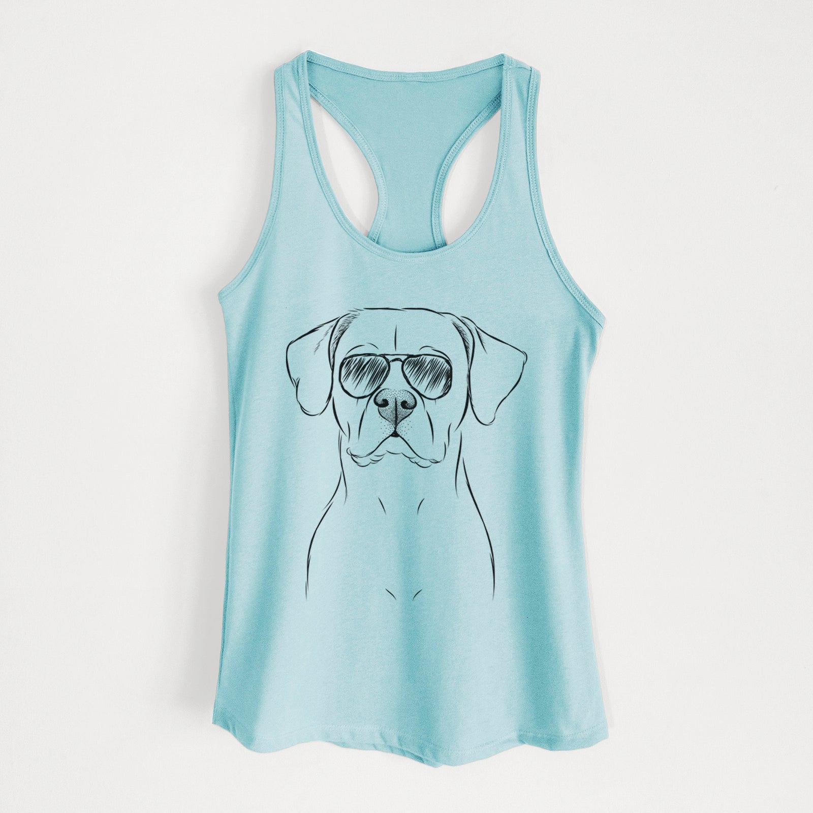 Hand-drawn sketch of Rufio the Dogo Argentino wearing aviator sunglasses on a Cancun Blue Women's racerback tanktop