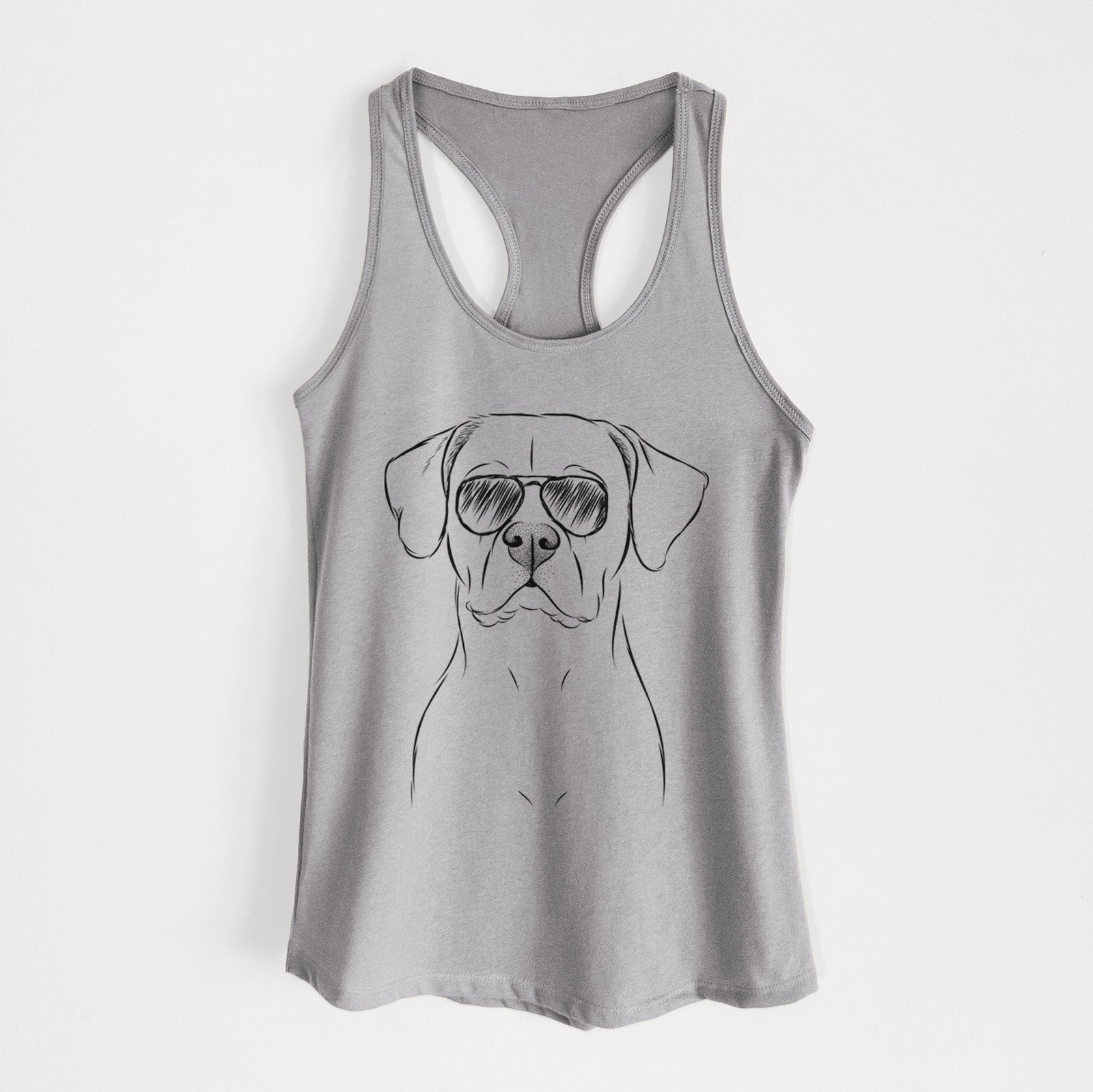 Hand-drawn sketch of Rufio the Dogo Argentino wearing aviator sunglasses on a Heather Grey Women's racerback tanktop