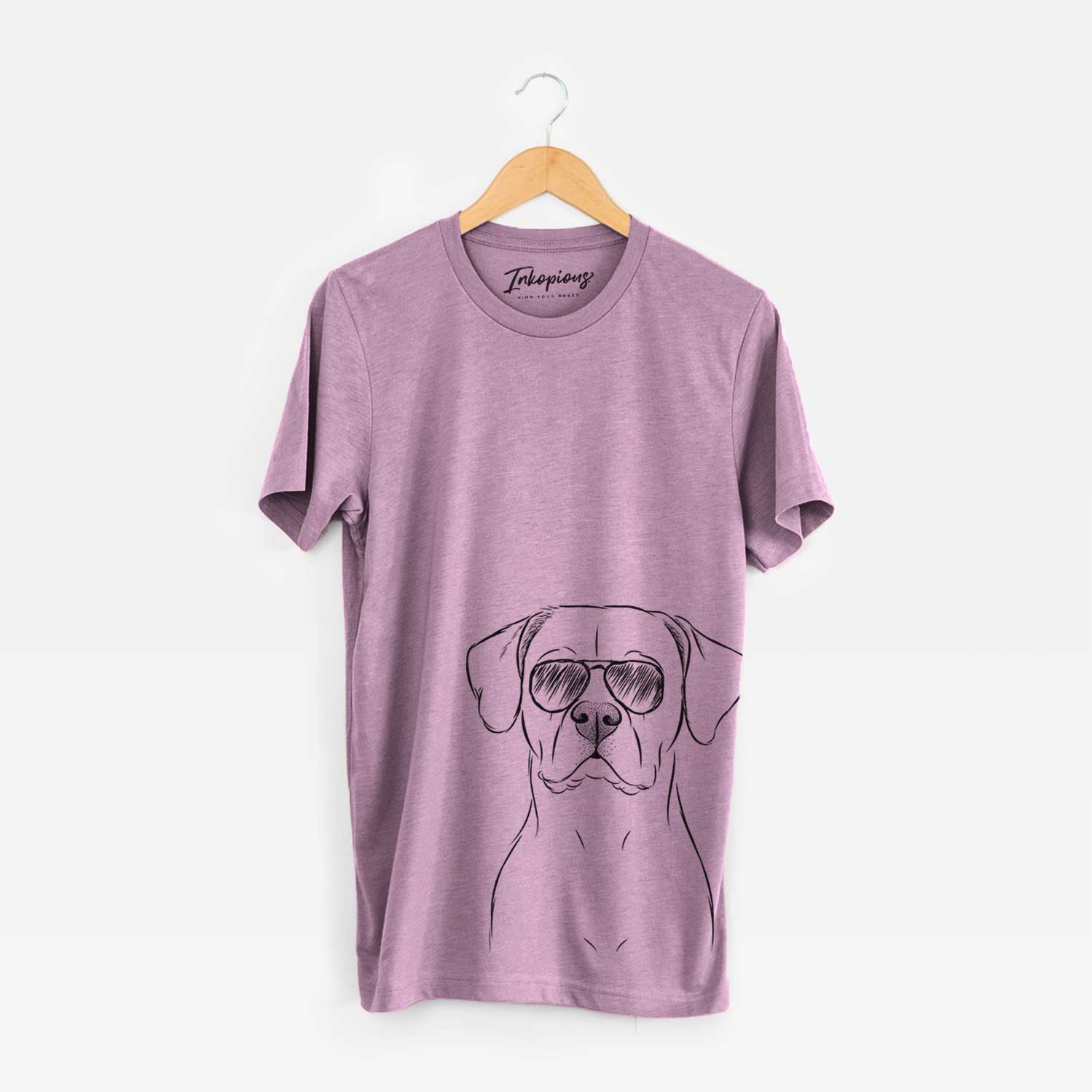 Hand-drawn sketch of Rufio the Dogo Argentino wearing aviator sunglasses on an Orchid Bella Canvas Unisex Crewneck
