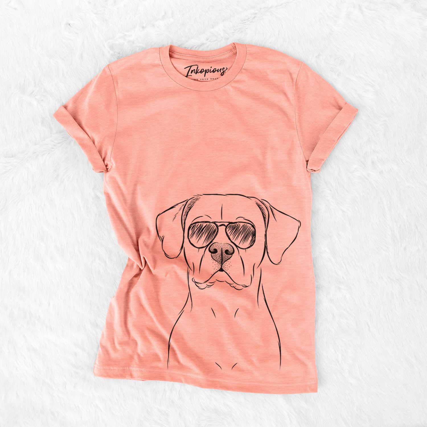 Hand-drawn sketch of Rufio the Dogo Argentino wearing aviator sunglasses on a Sunset Bella Canvas Unisex Crewneck