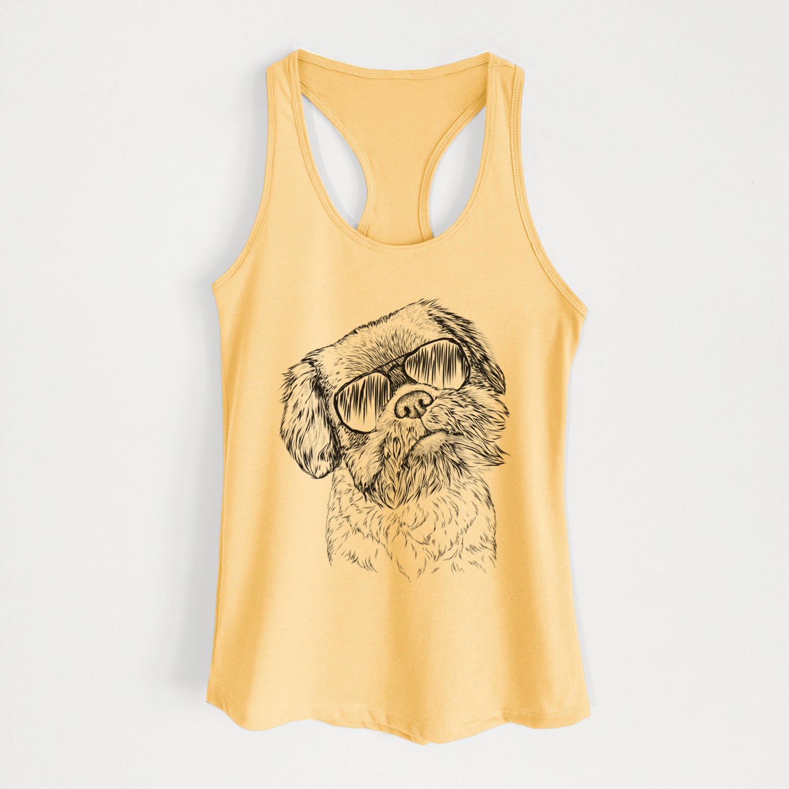 Hand-drawn sketch of Rufus the Shiffon wearing aviator sunglasses on a Banana Cream Women's racerback tanktop