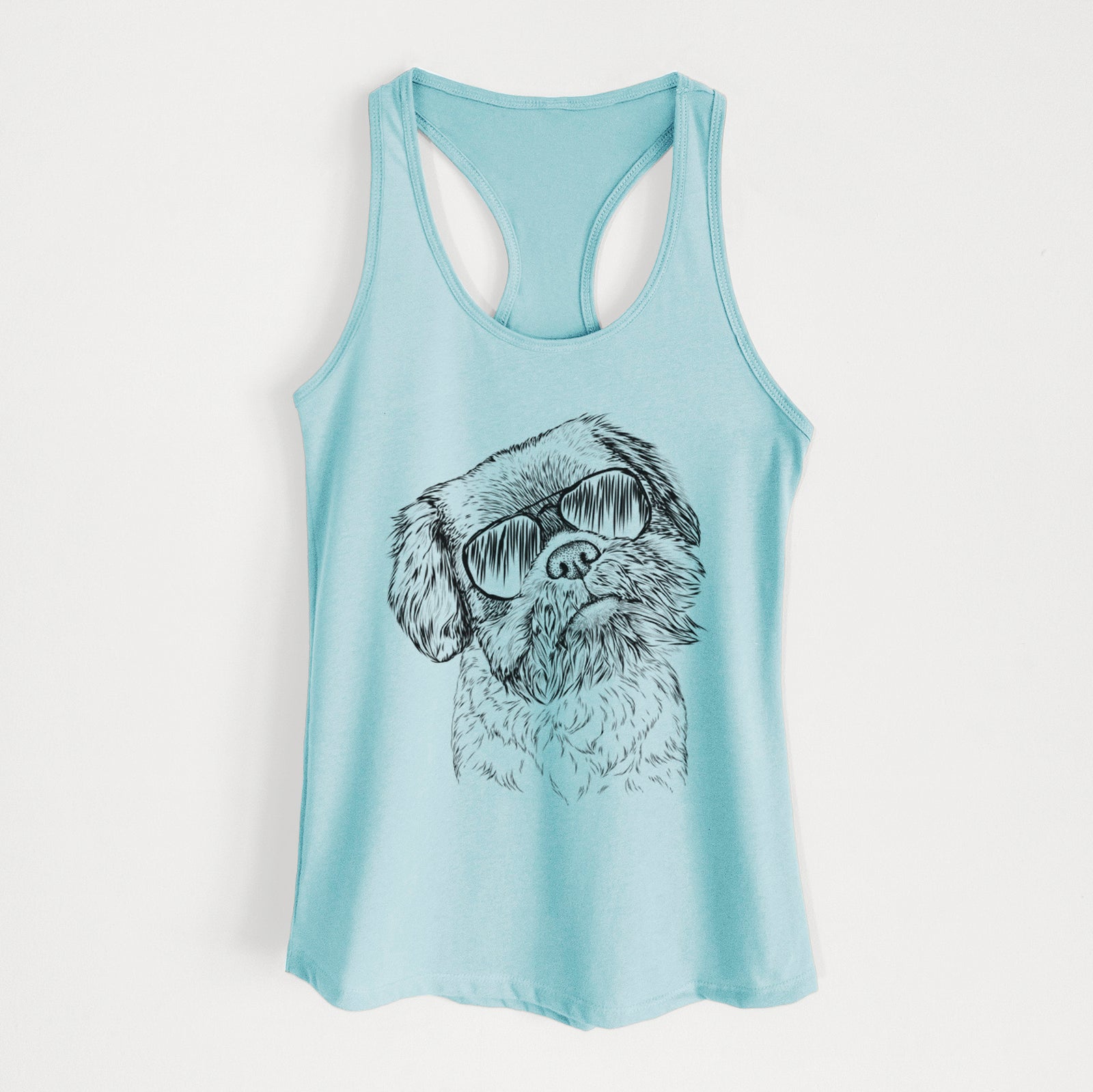 Hand-drawn sketch of Rufus the Shiffon wearing aviator sunglasses on a Cancun Blue Women's racerback tanktop