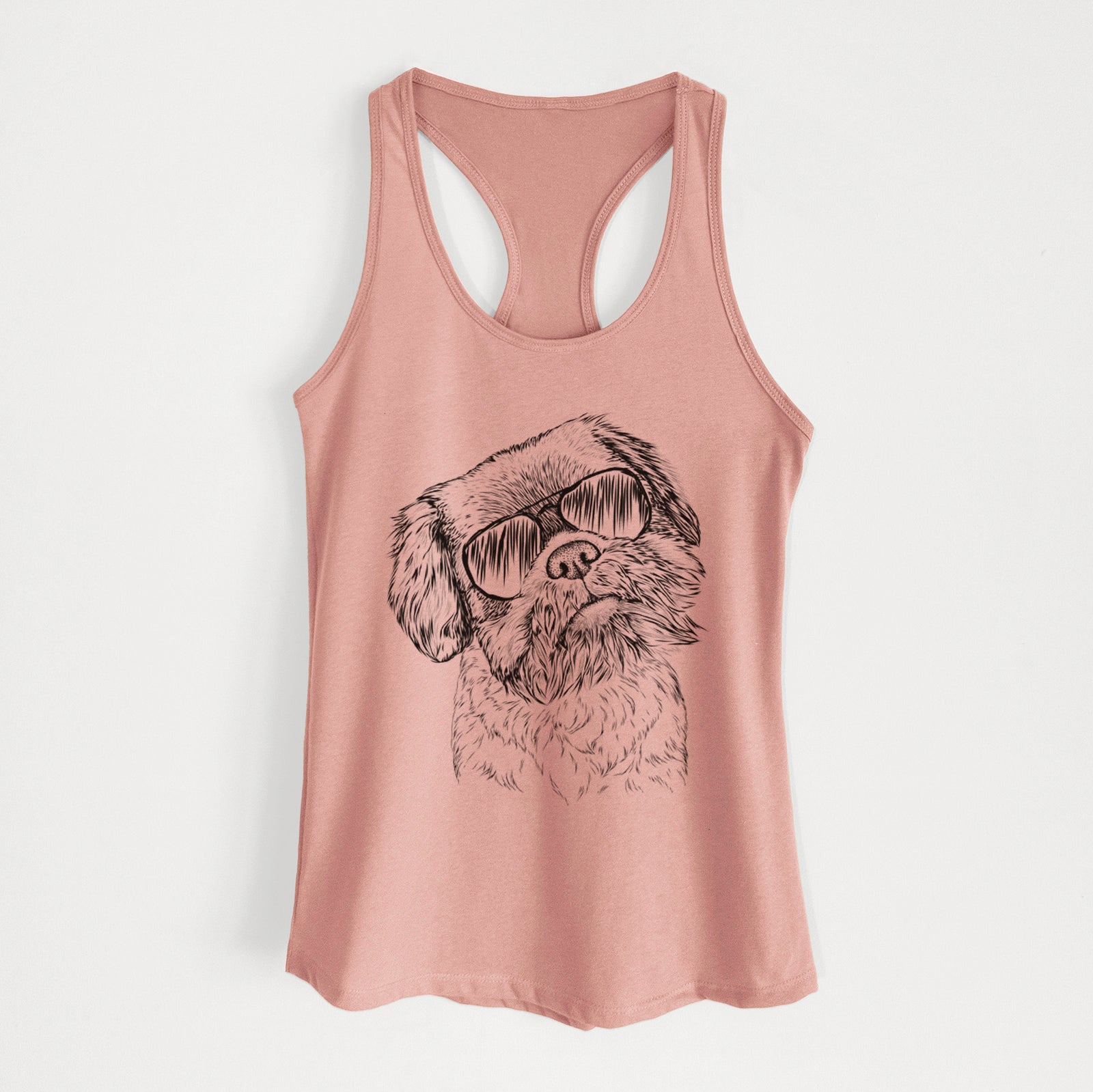 Hand-drawn sketch of Rufus the Shiffon wearing aviator sunglasses on a Desert Pink Women's racerback tanktop