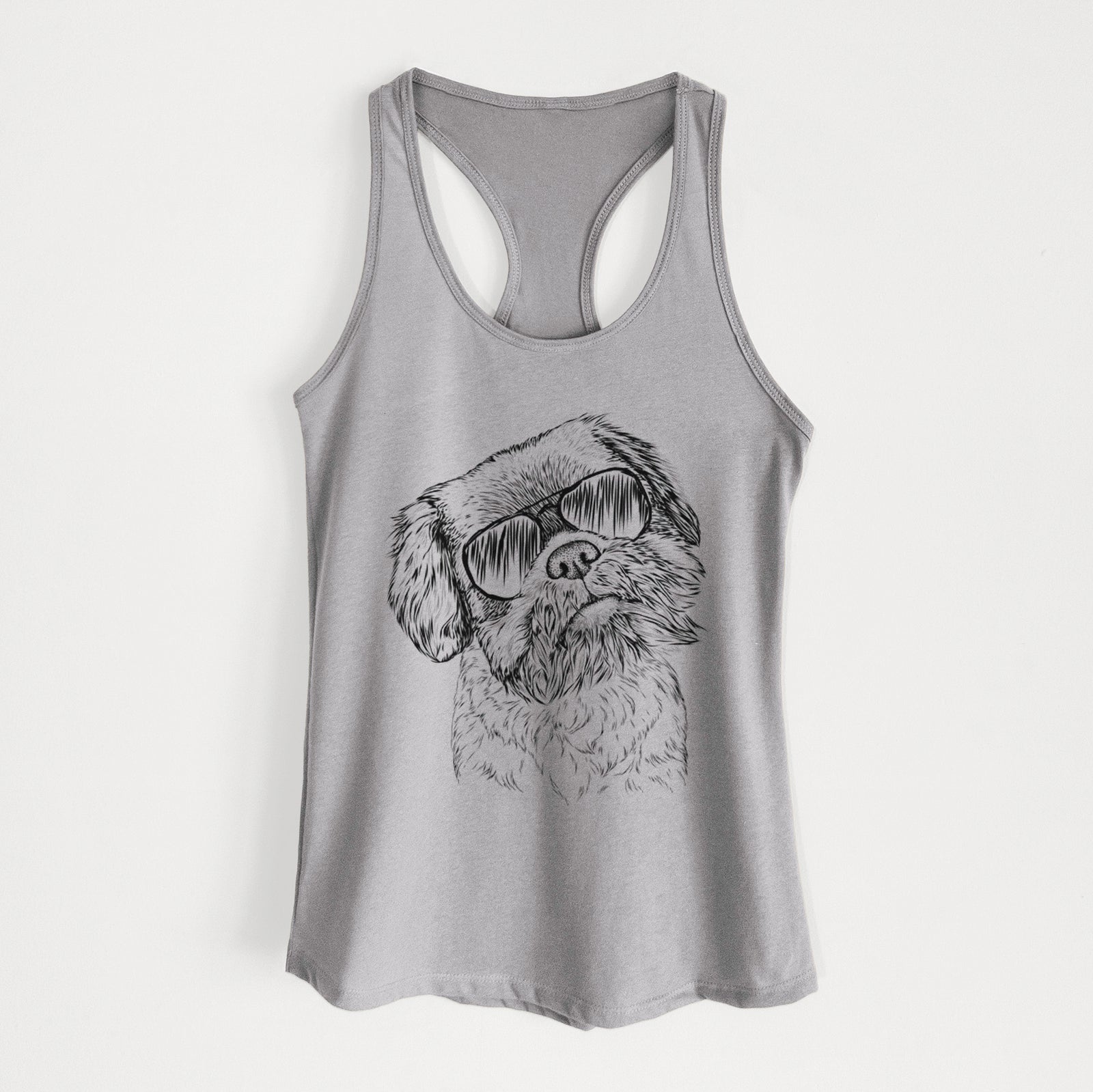 Hand-drawn sketch of Rufus the Shiffon wearing aviator sunglasses on a Heather Grey Women's racerback tanktop